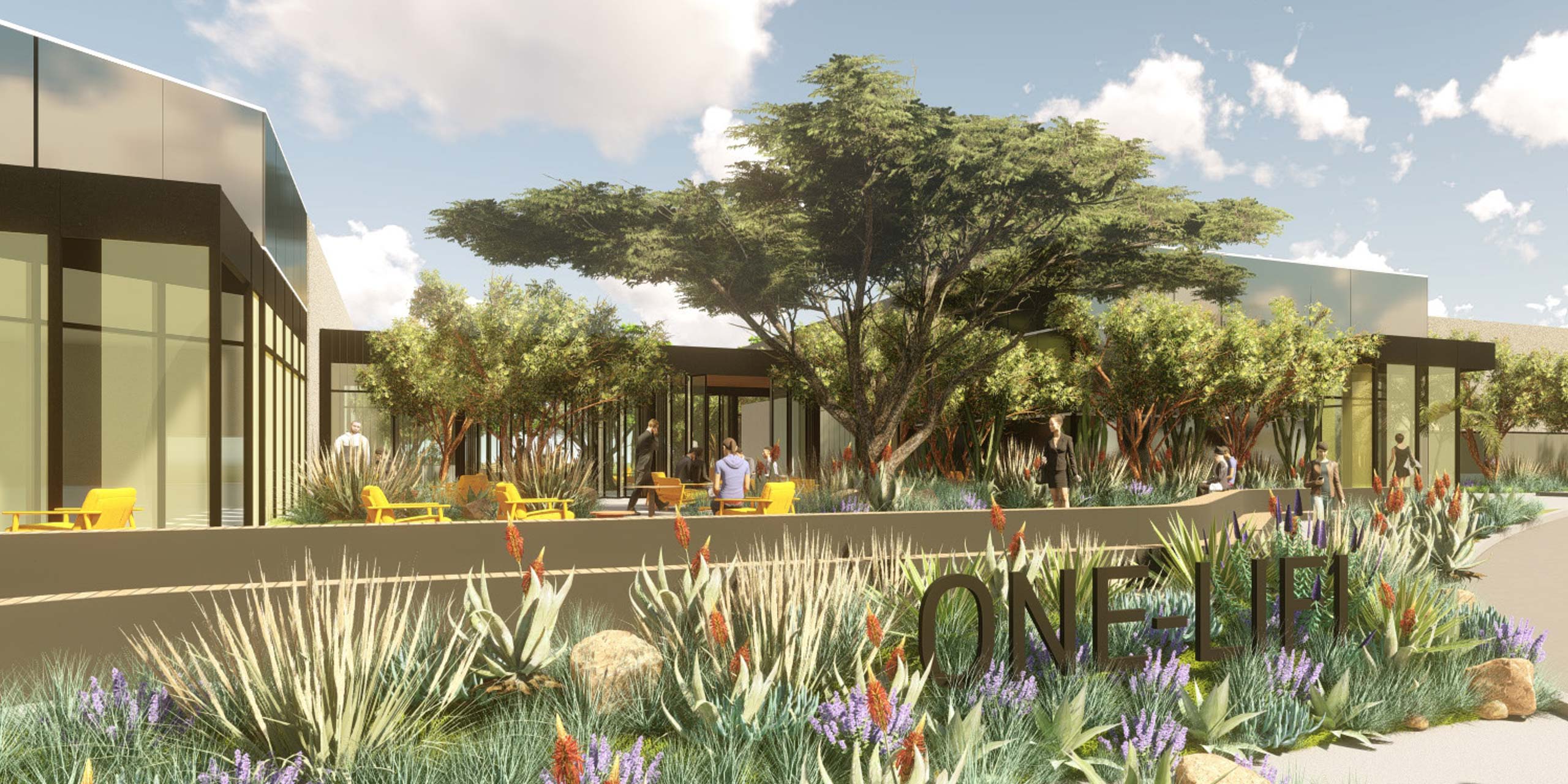 exterior rendering of the future Flanders Court entrance with lush landscape