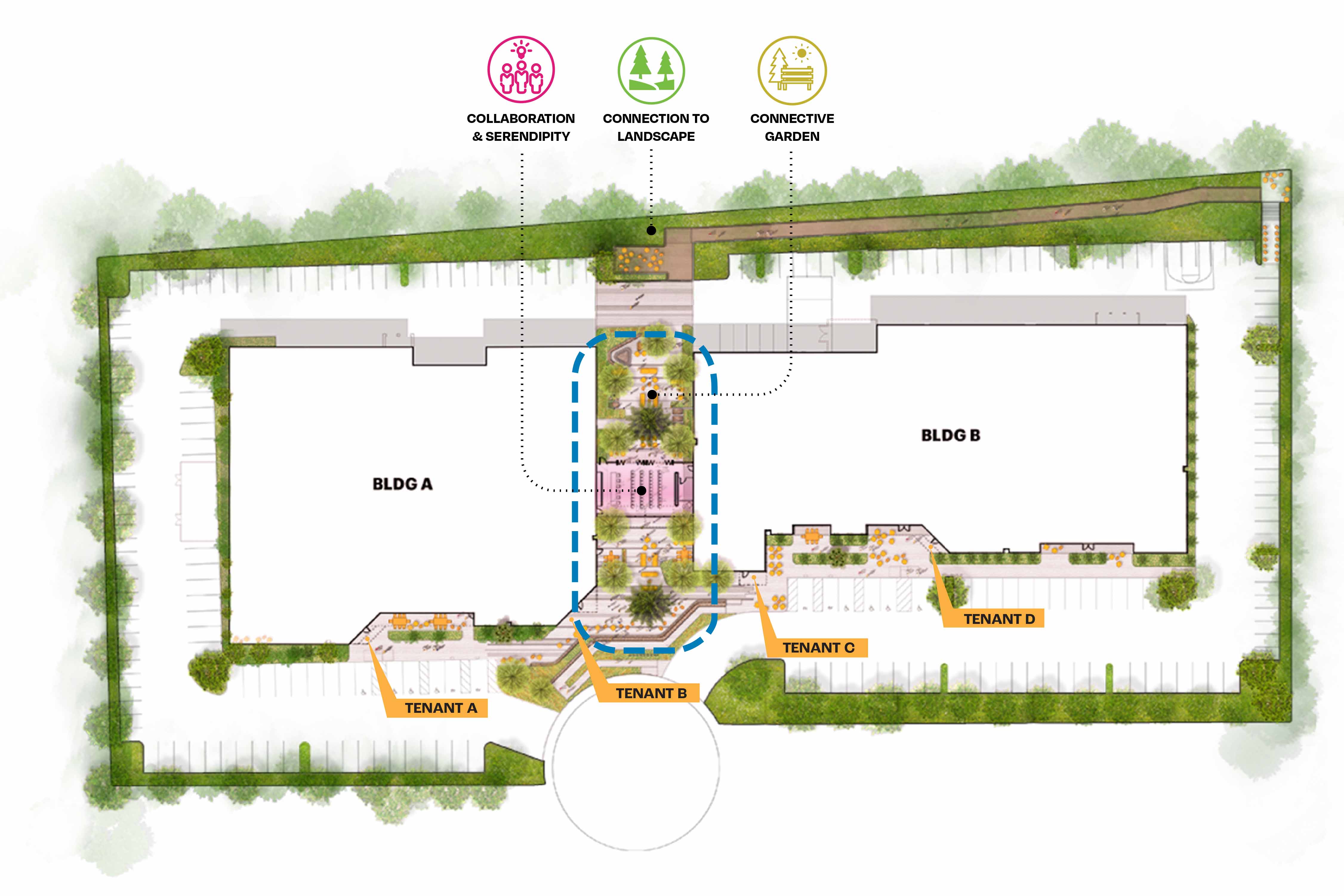 plan diagram identifying spaces for collaboration, connection to landscape, and connective gardens