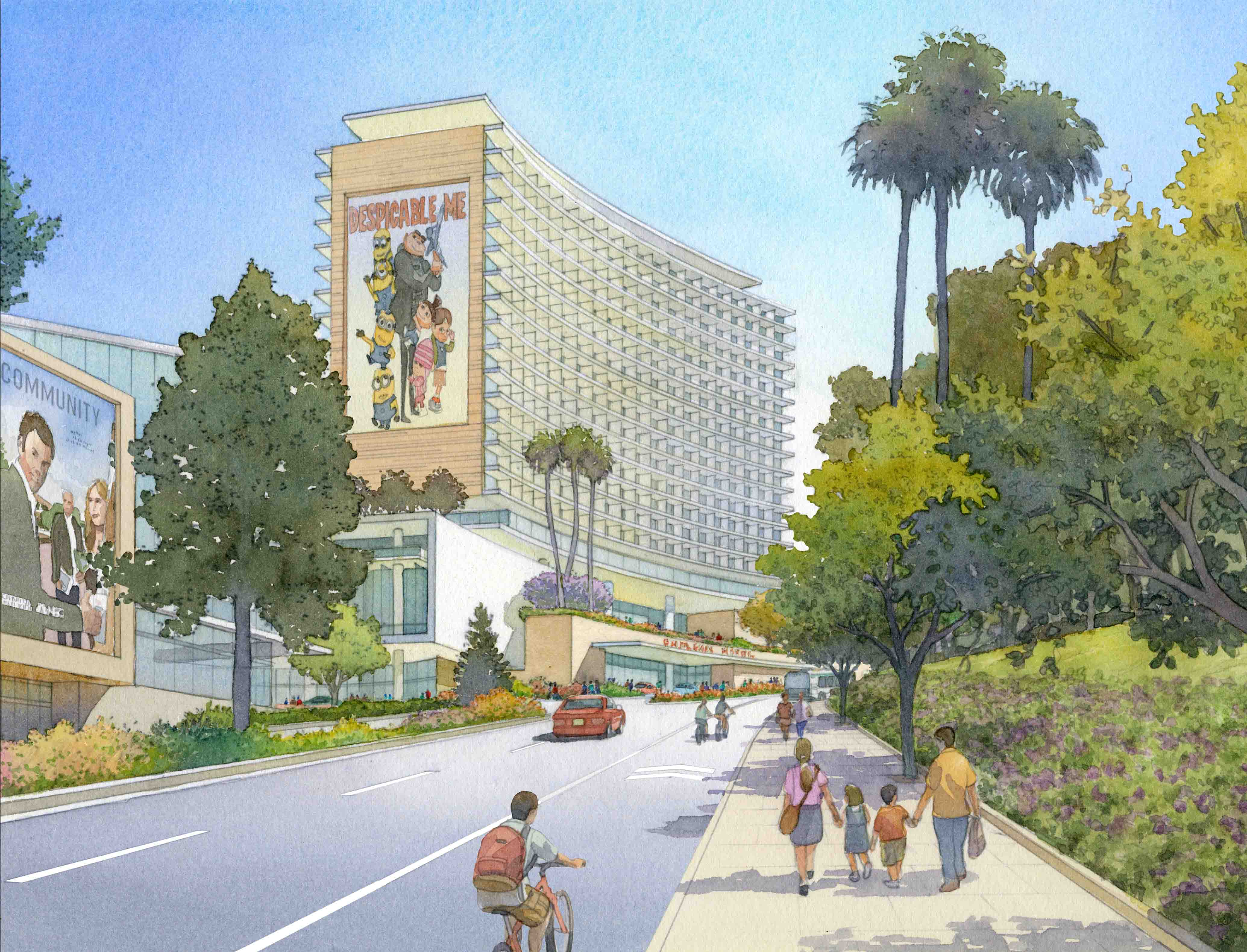 Street view sketch of the future NBC Universal with landscape and buildings
