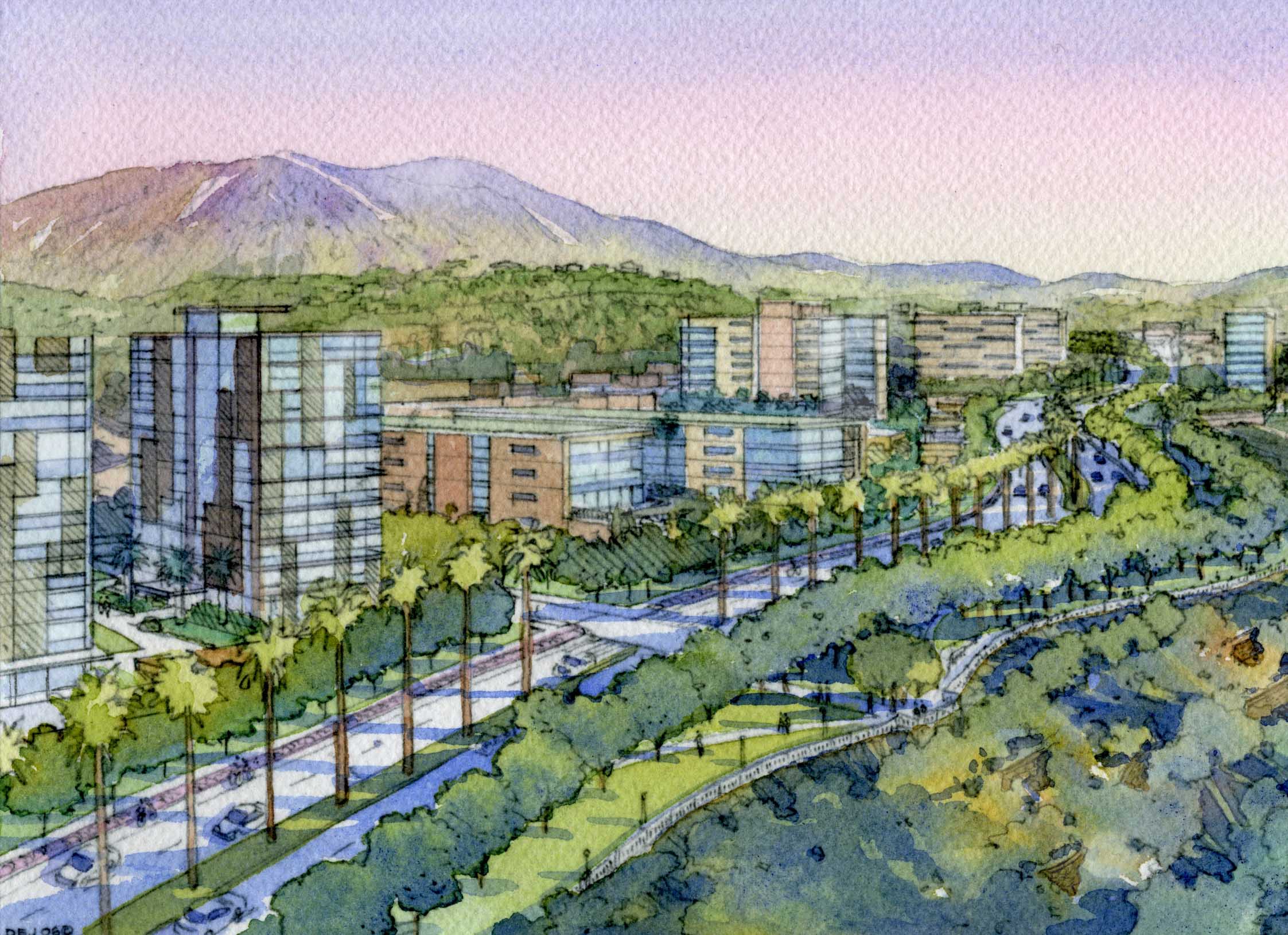 Sketch of the future NBC Universal with green landscape and buildings