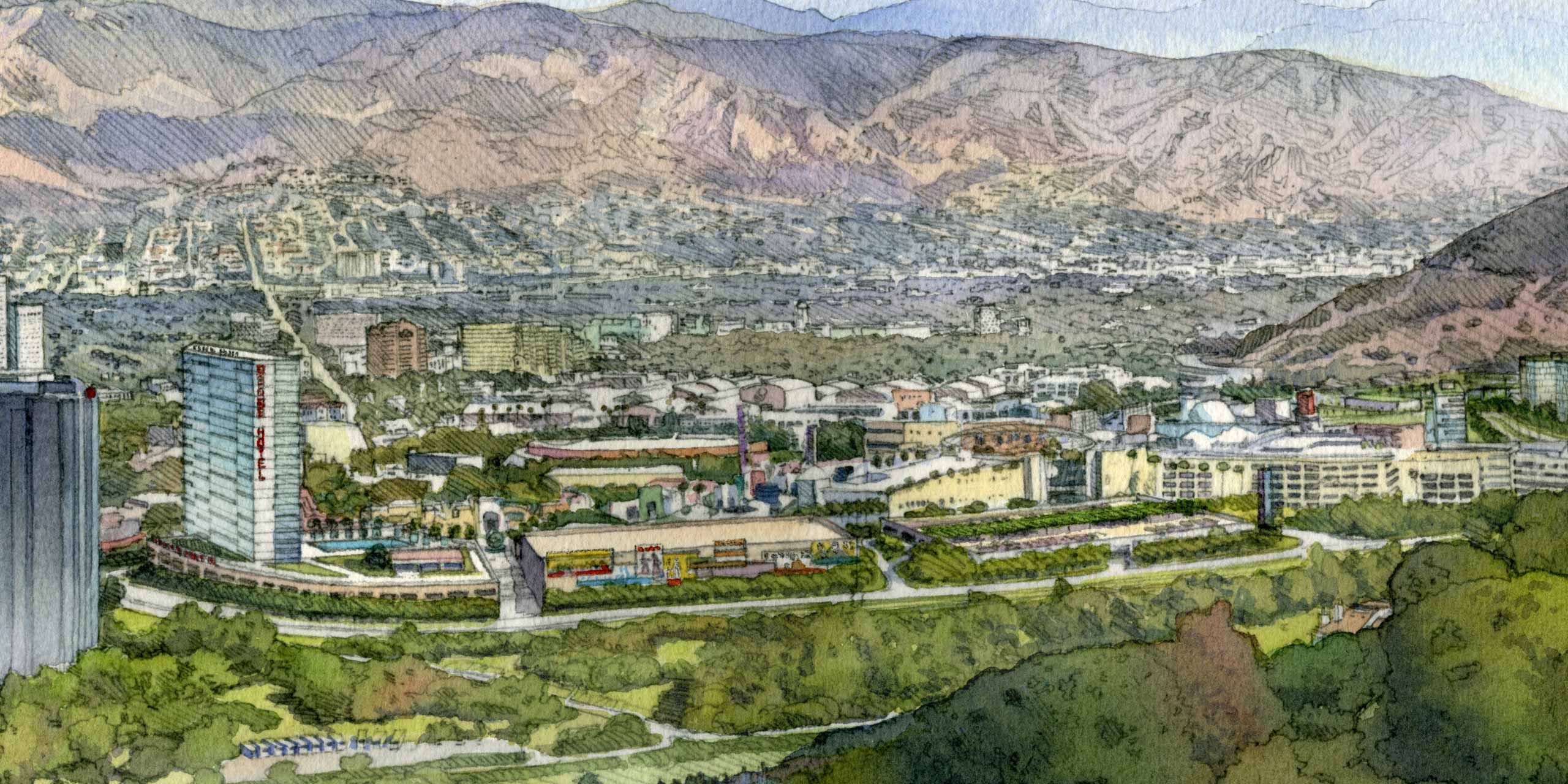 Sketch of the future NBC Universal with LA mountain backdrop