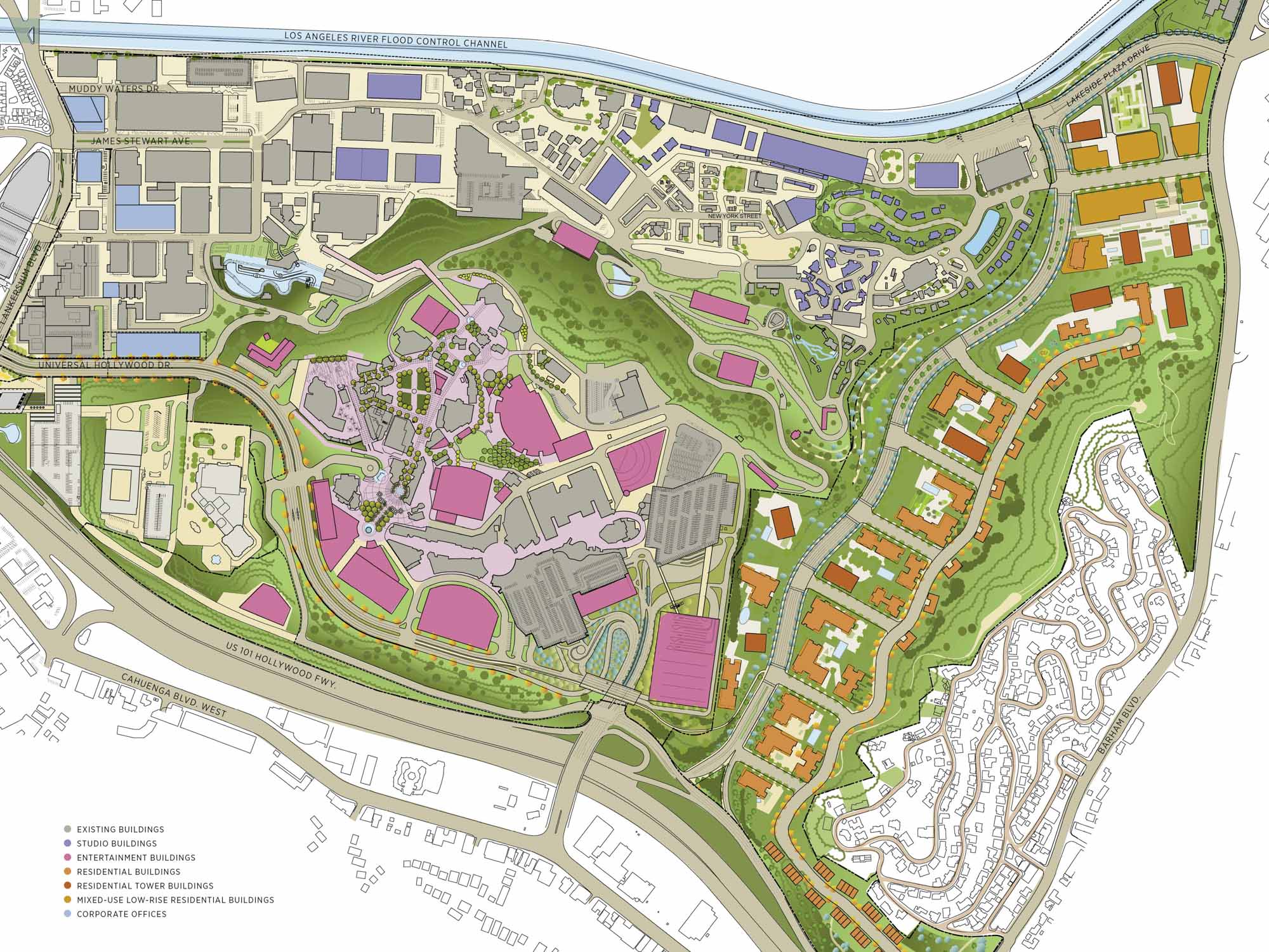 NBC Universal site plan identifying existing buildings, studios, residential, and mixed-use areas