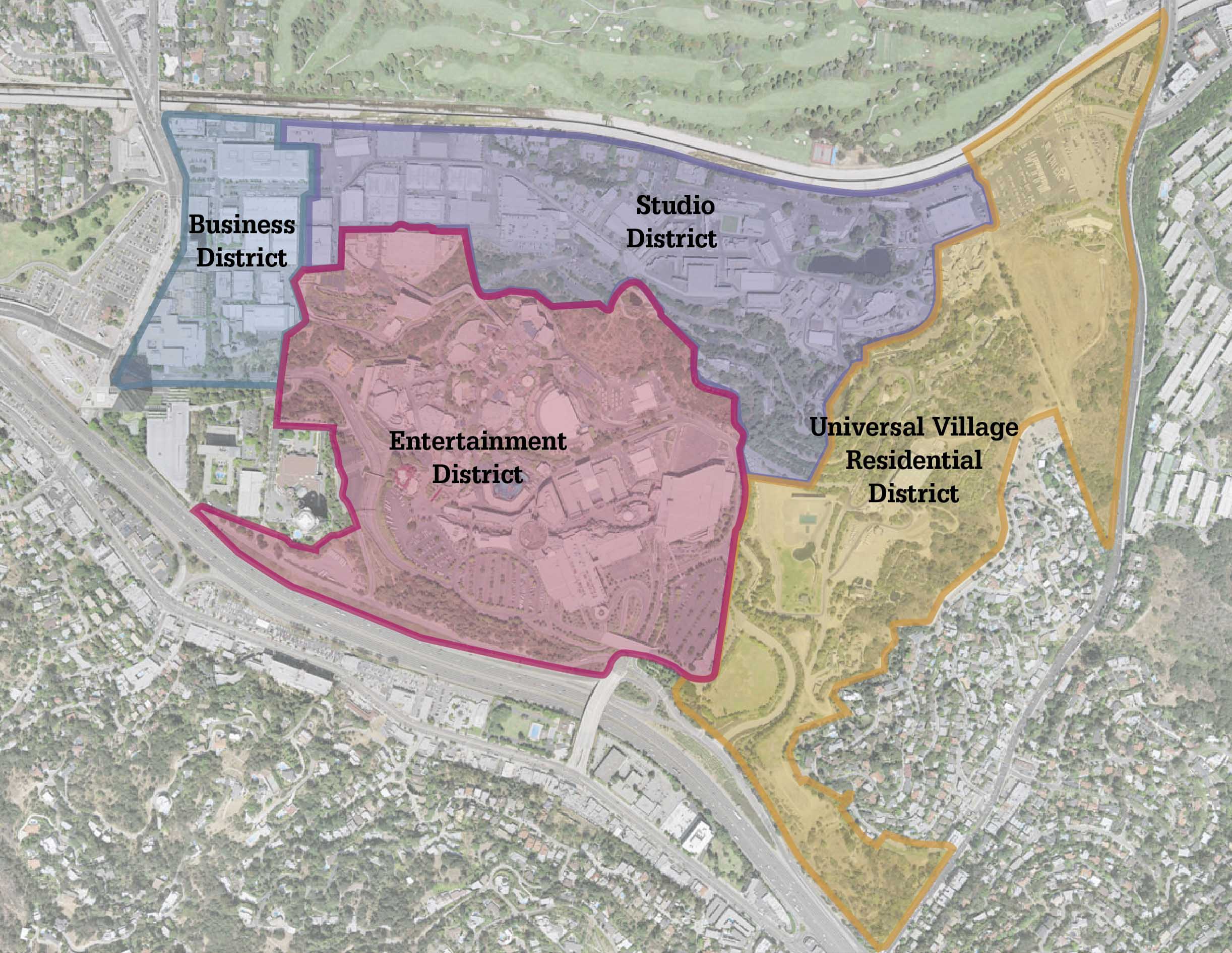 Site plan identifying the business, studio, residential, and entertainment districts