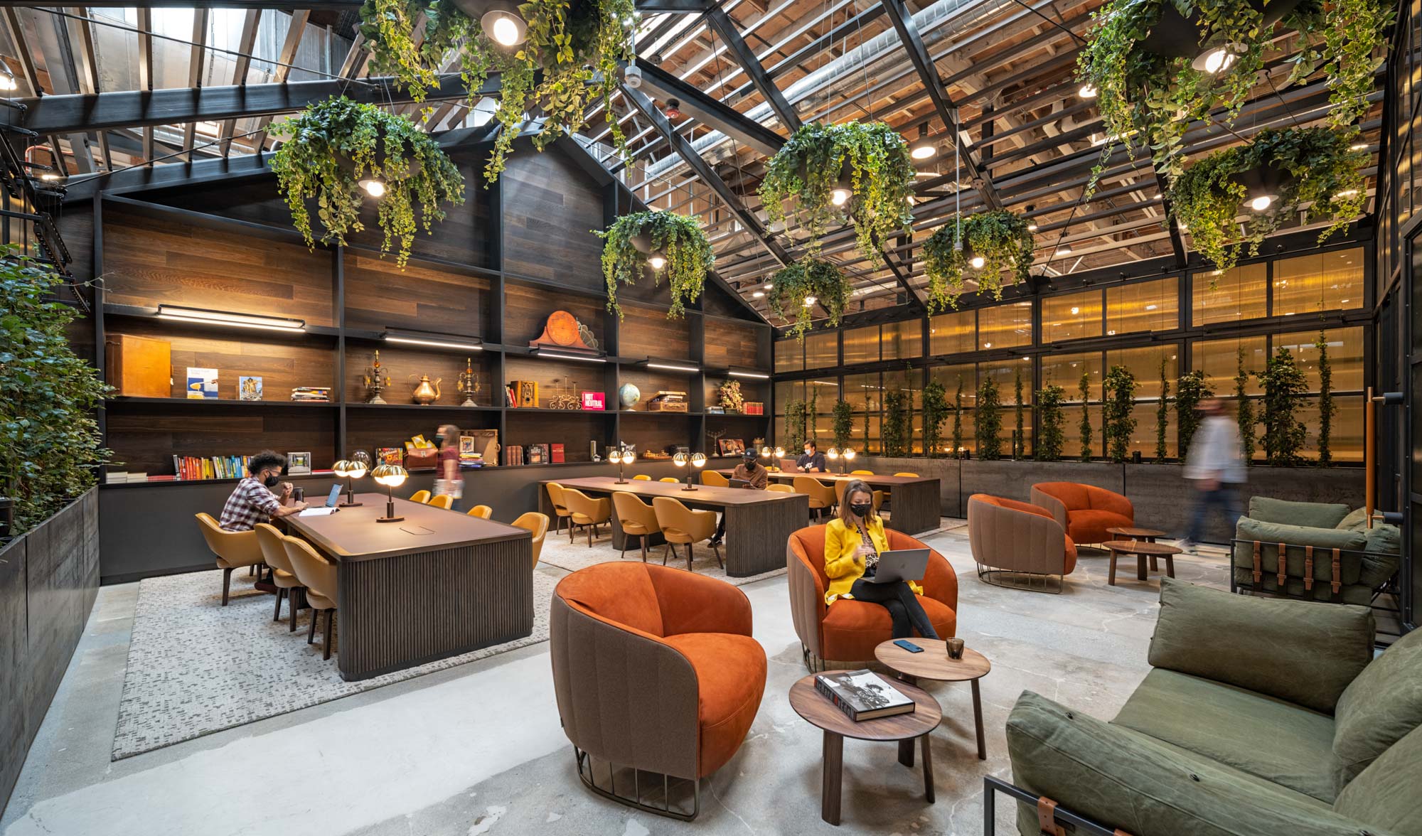 woman in a library with hanging plants on the ceiling with people working behind her