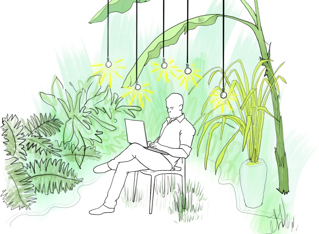 sketch of man sitting by plants