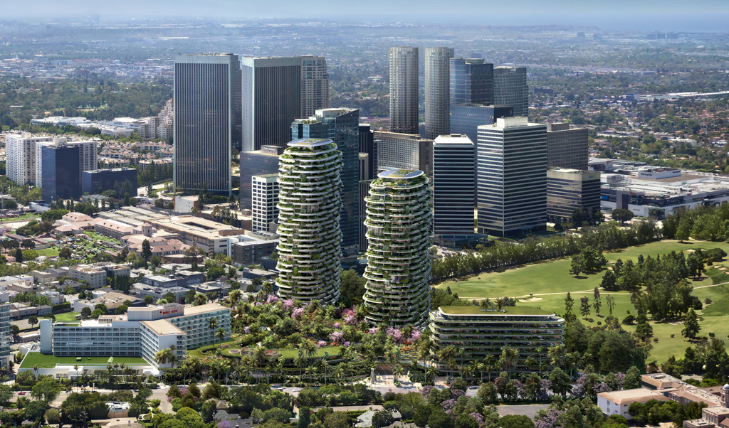 Site aerial view of the landscape gardens at One Beverly Hills