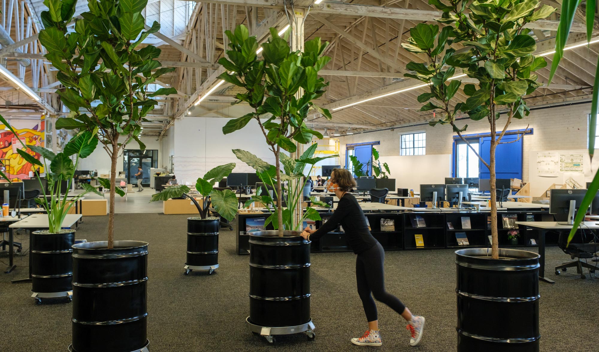 woman pushing interior tree