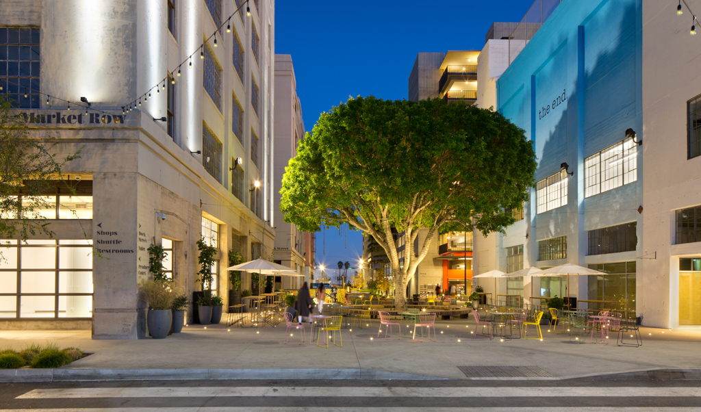 Centered tree between two historic warehouses outside at ROW DTLA