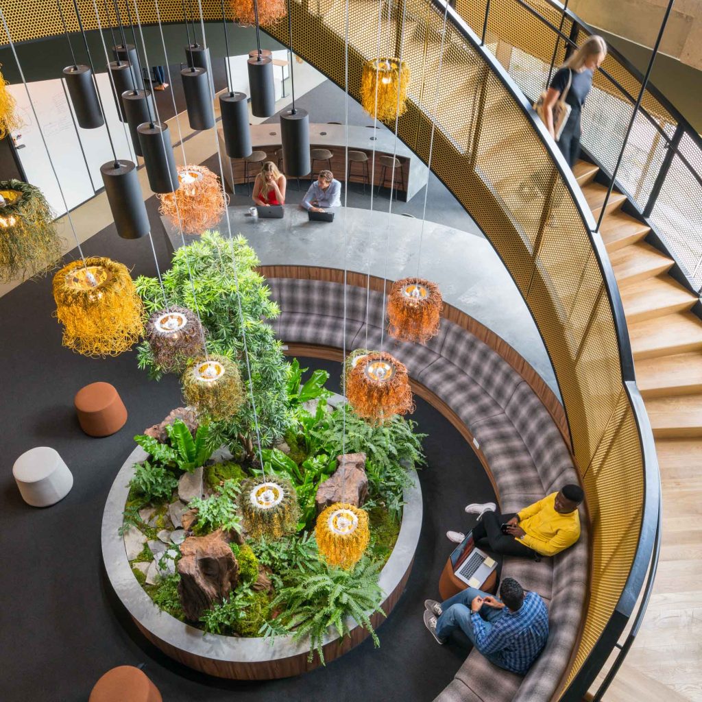 interior stairs with large-scale planter in the center