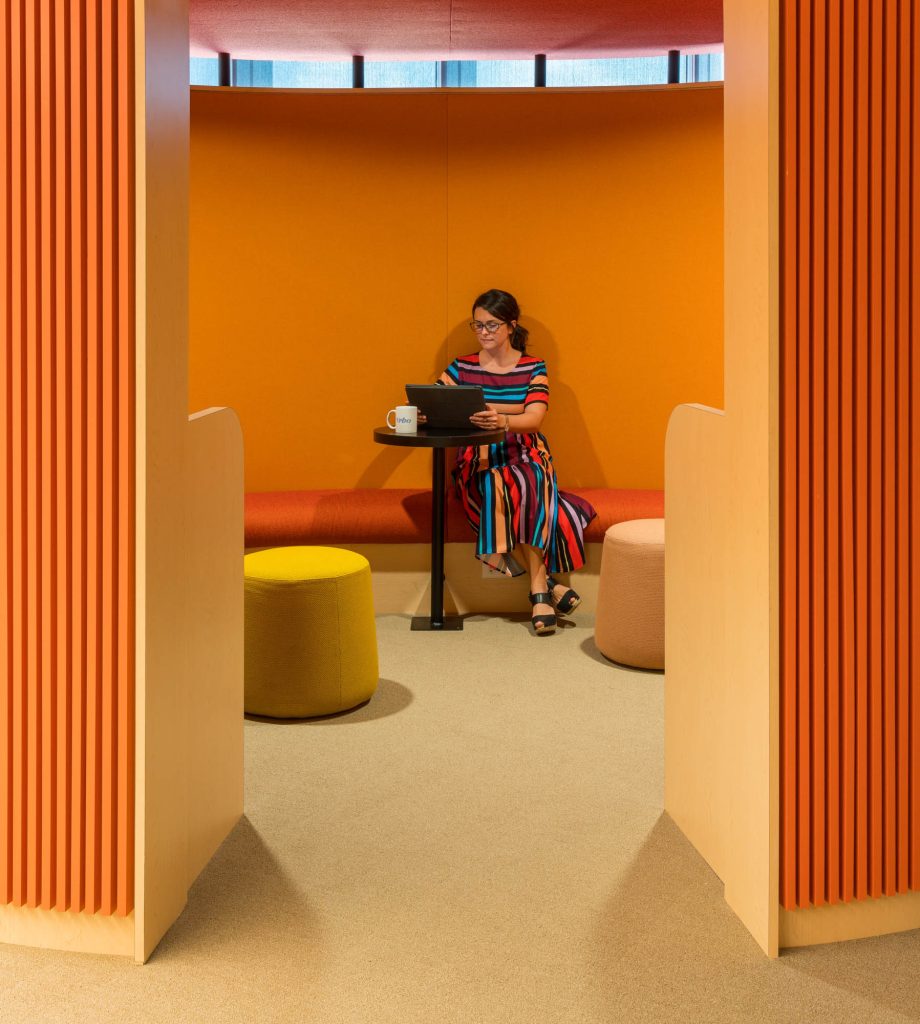 Woman sitting in orange office room