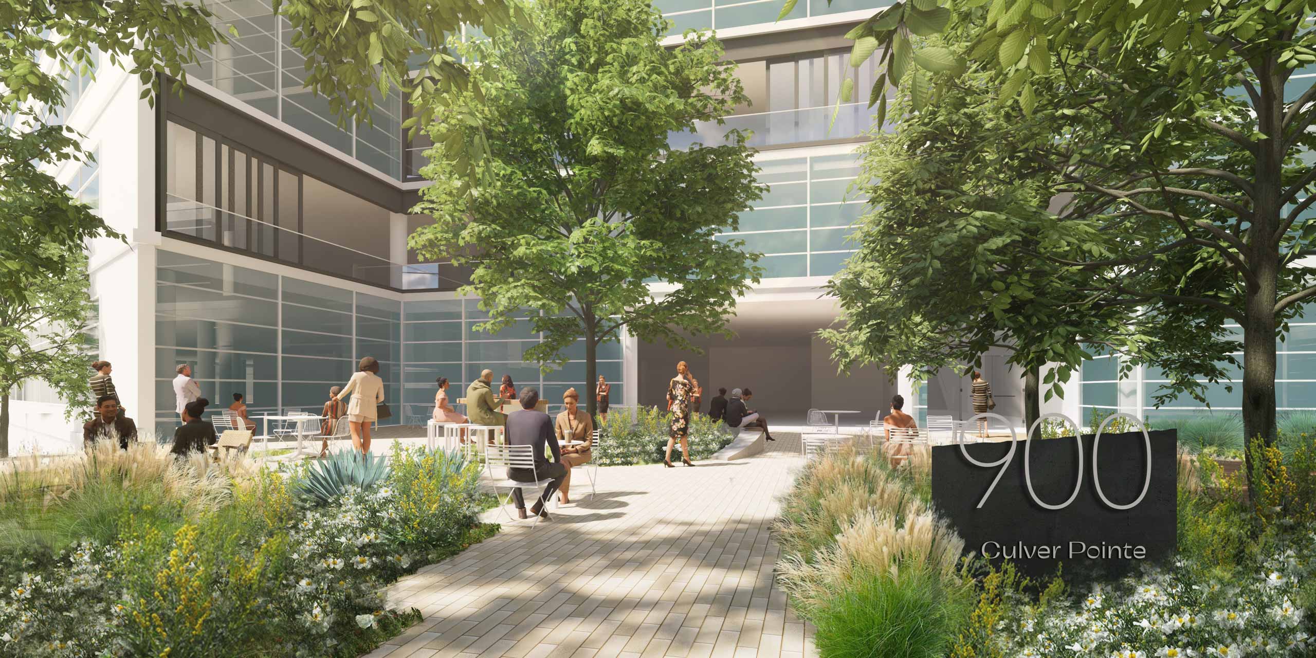 Rendering of lush courtyard with plantings, green trees, and 900 Culver Pointe signage