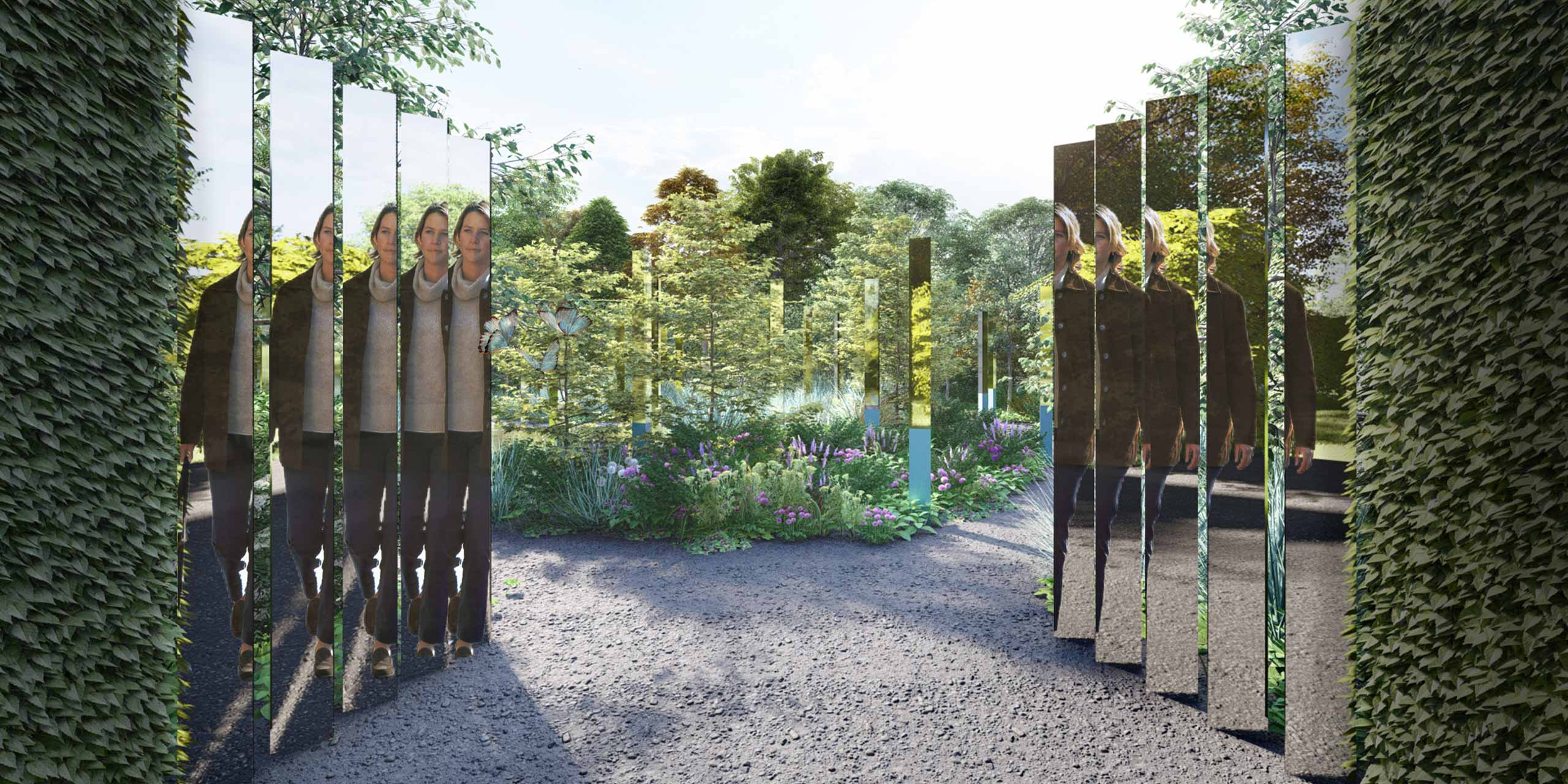 Rendering of the Garden of Reciprocity with reflective mirrors aligned in a row