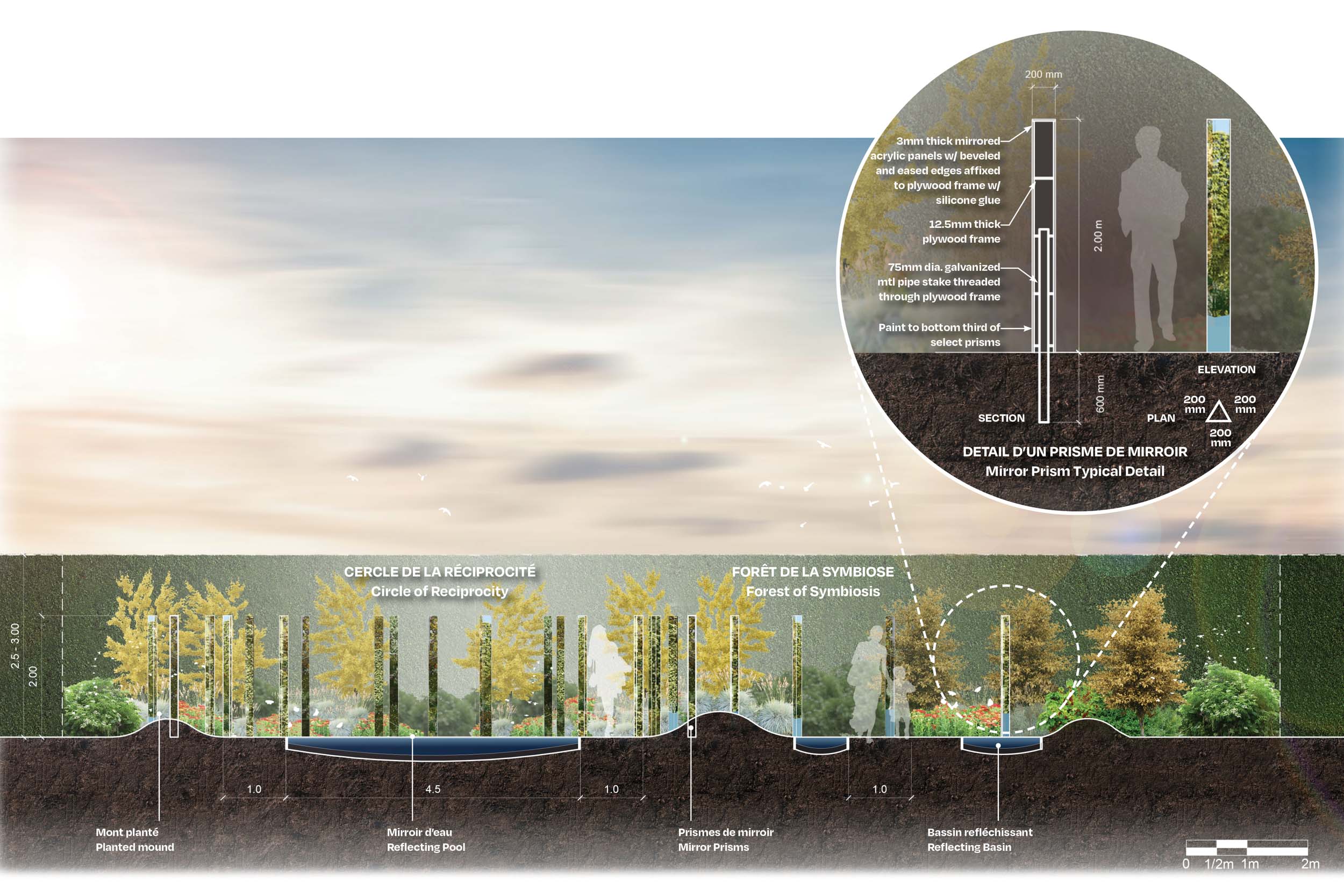 Elevation plan revealing the details of the garden mirrors