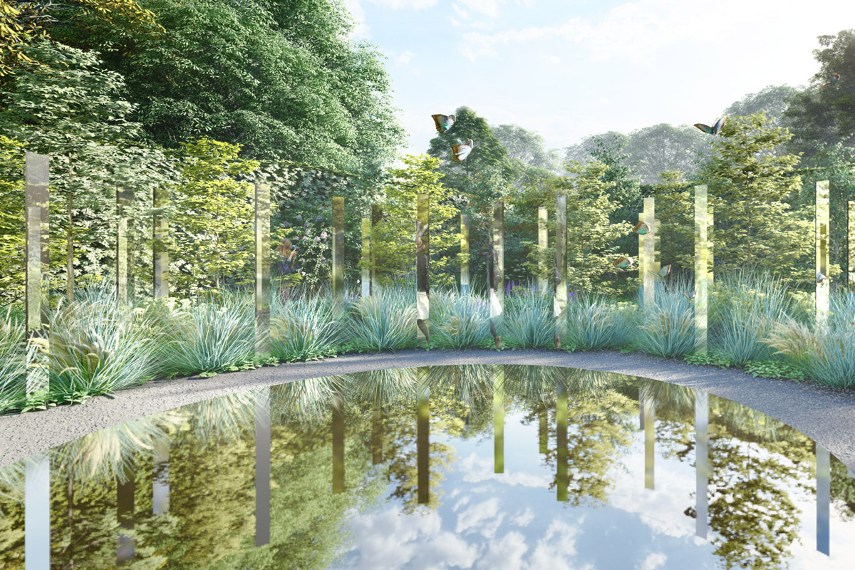 rendering of garden with mirror reflections
