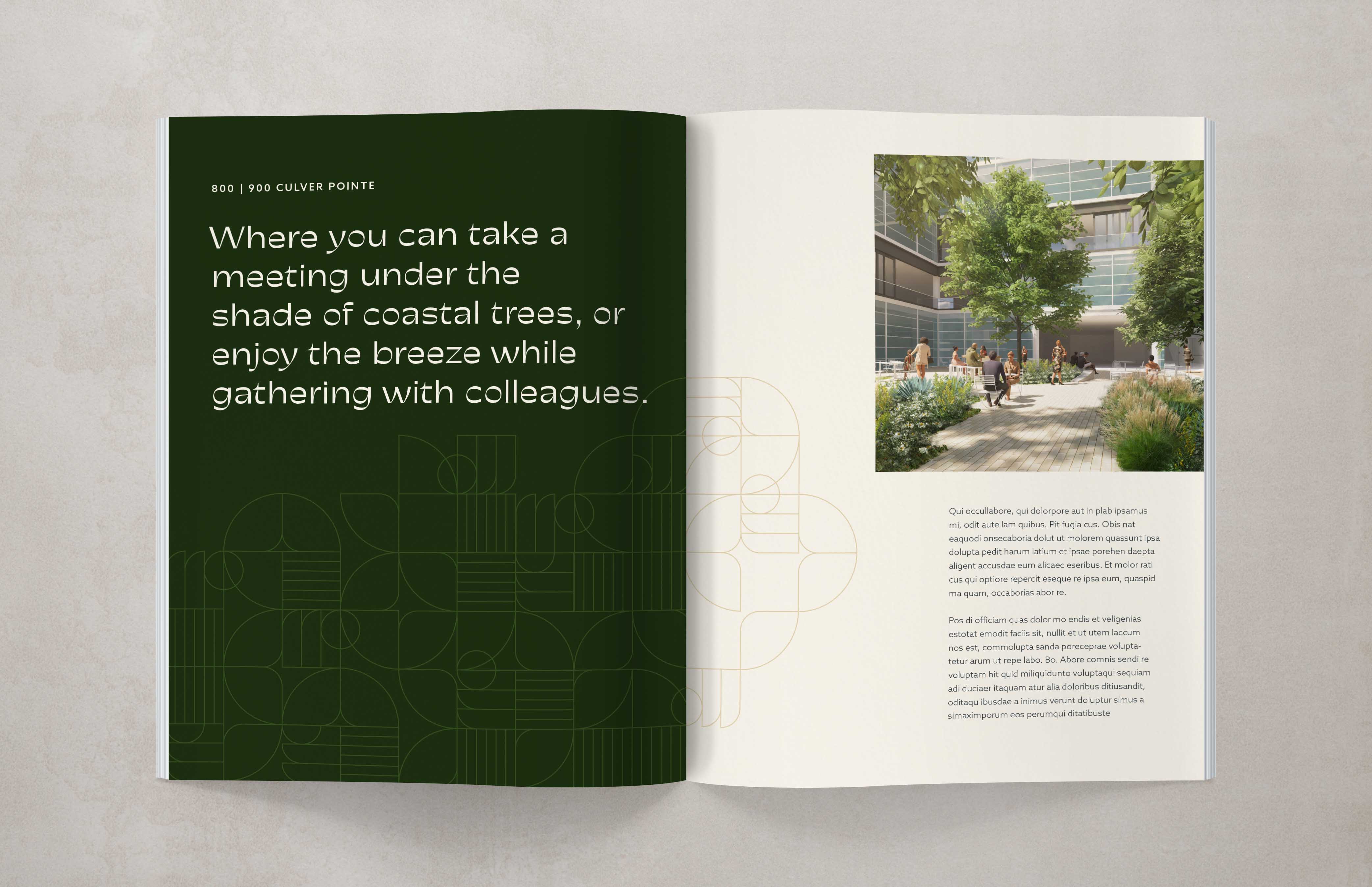 Brochure mockup of brand identity guidelines for 800-900 Culver Pointe with natural colors and patterns