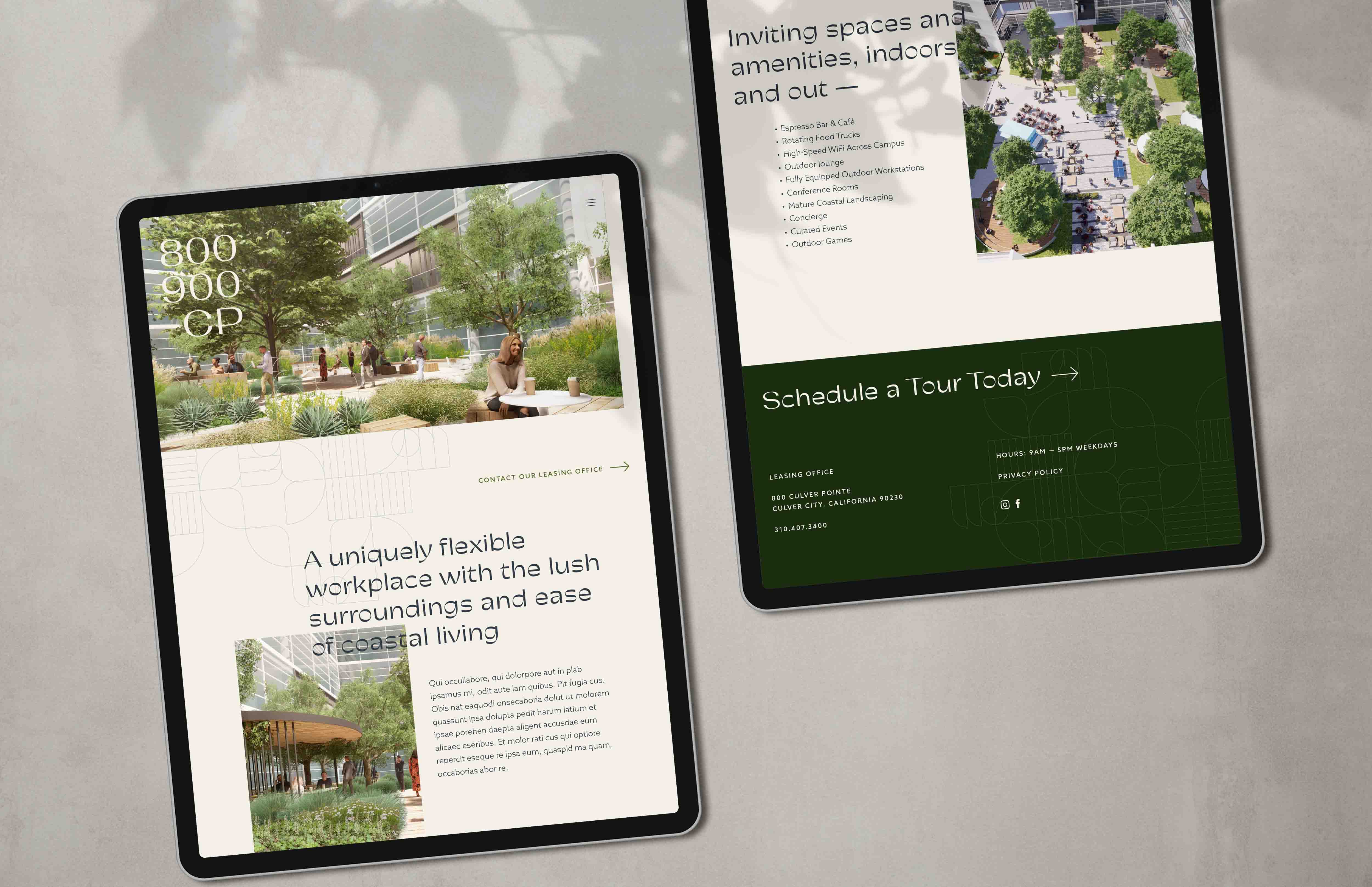 Mockup of 800-900 Culver Pointe website pages on iPad, with logo, text, and imagery representing the brand identity
