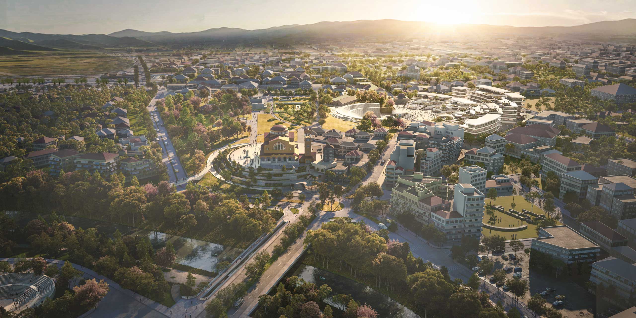 aerial rendering view of the proposed mixed-use district in Larissa, Greece