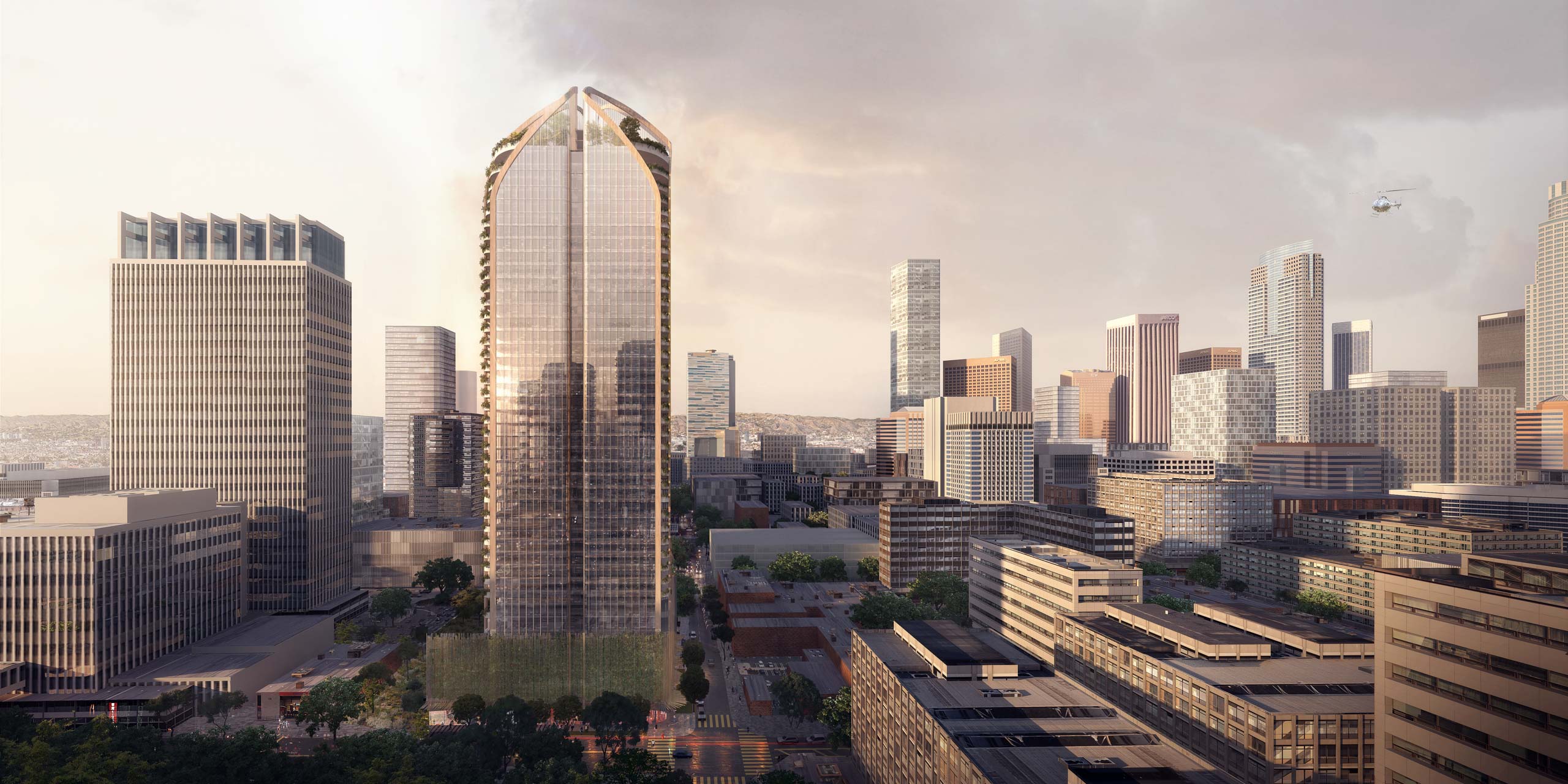 Rendering of residential hotel Sky Trees building from aerial view