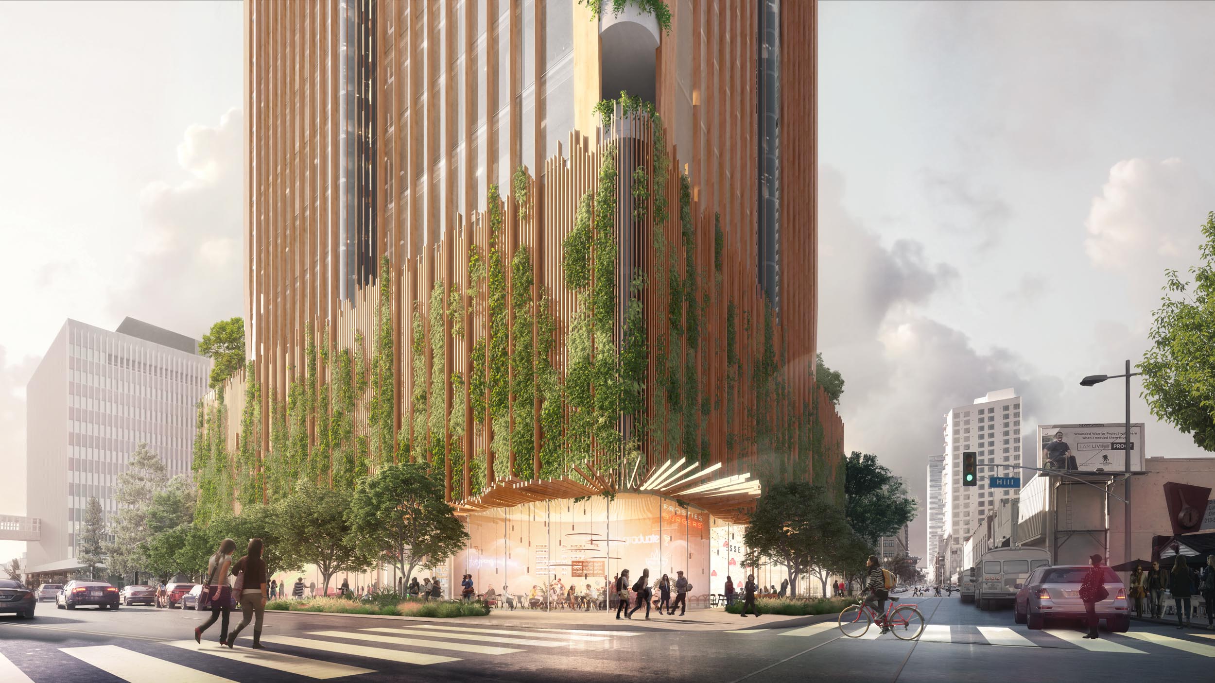 Street view rendering of the new residential tower Sky Trees with green facade