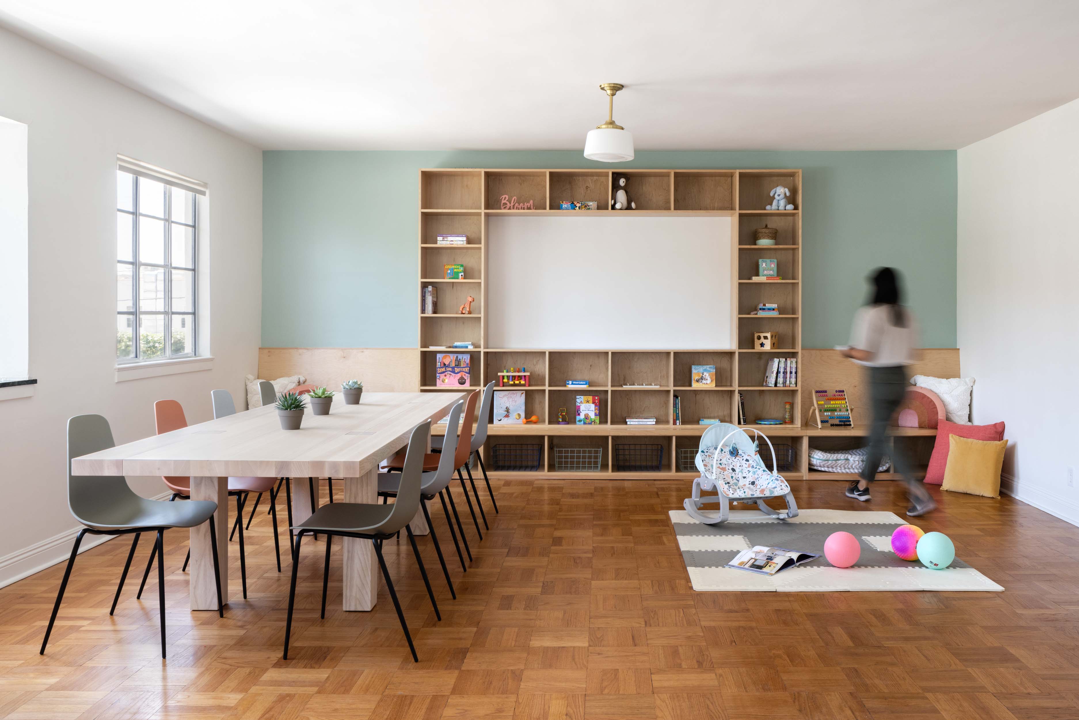 Book shelves with books and toys