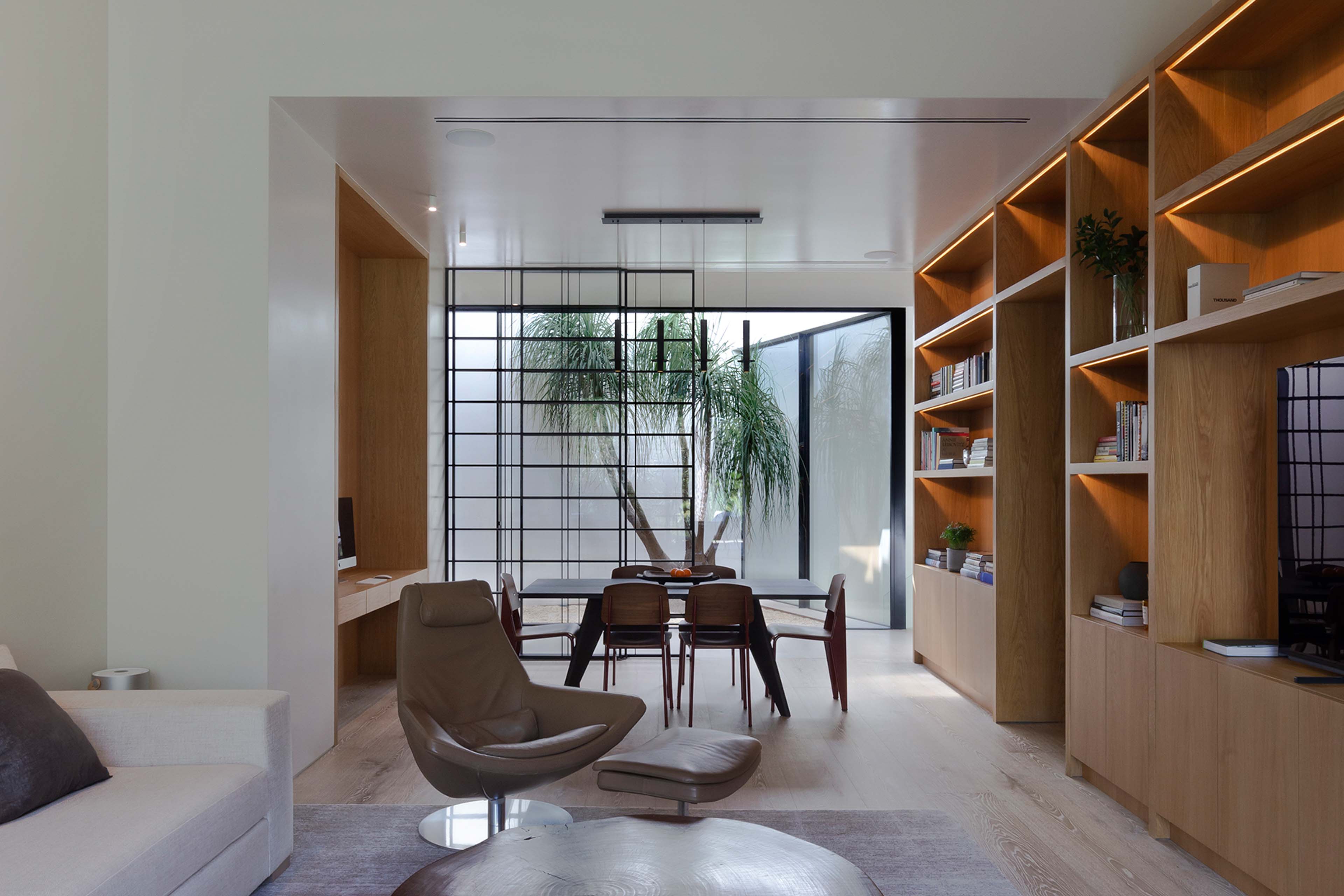 Warm and neutral interior space connecting to the courtyard