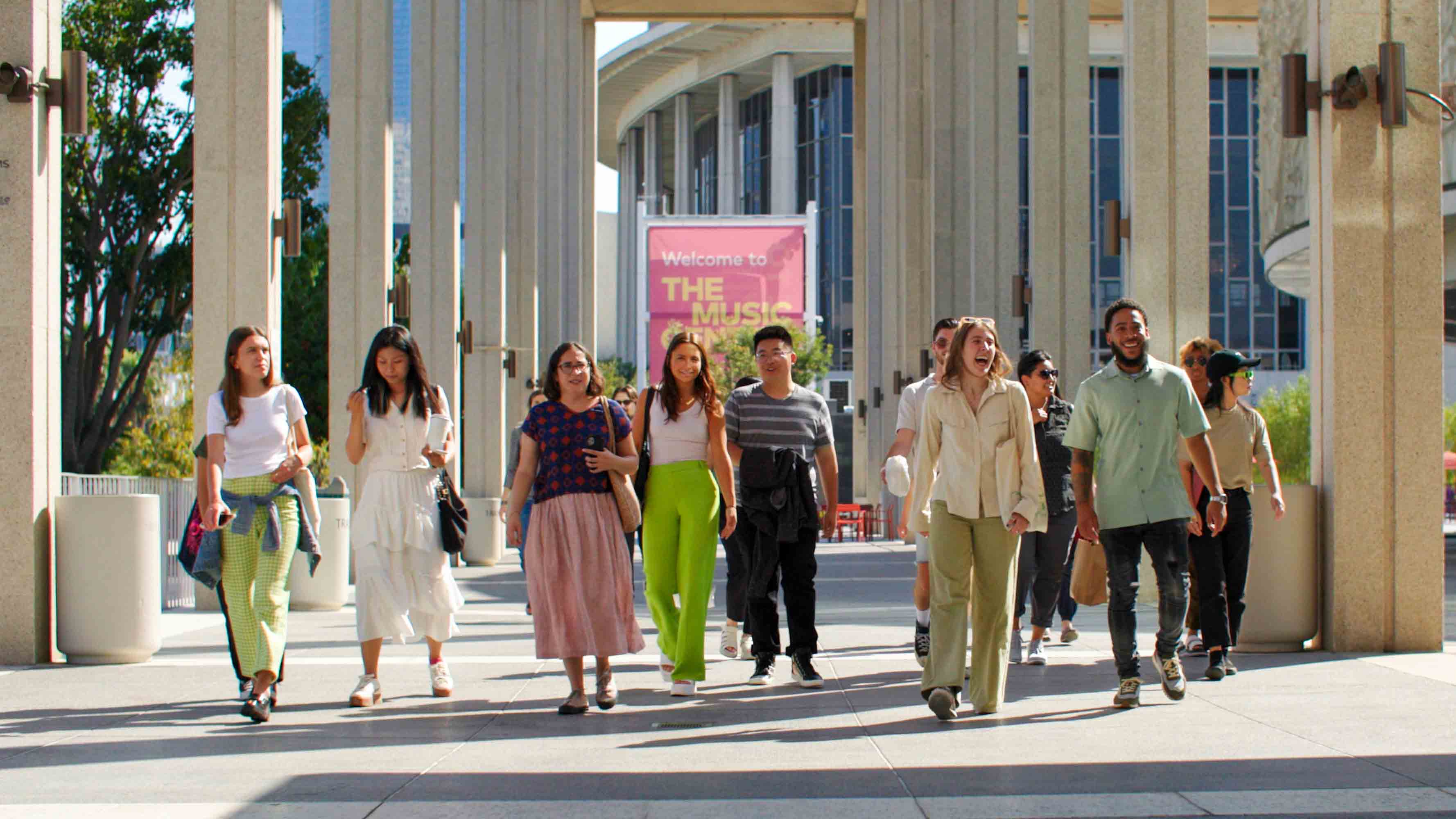 Group photo of the RIOS summer interns walking at the Music Center Plaza