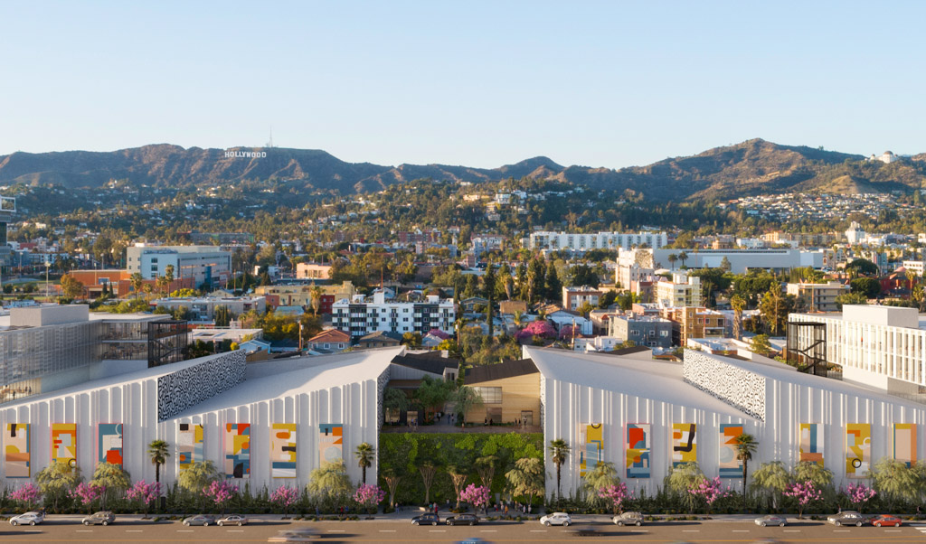 Rendering of Echelon Studios from the street with view to the mountains and hollywood sign