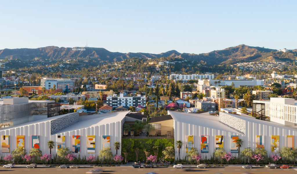 Rendering of Echelon Studios from the street with view to the mountains and hollywood sign
