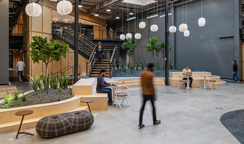 workplace inspired by urban design with center planters at GoodRx