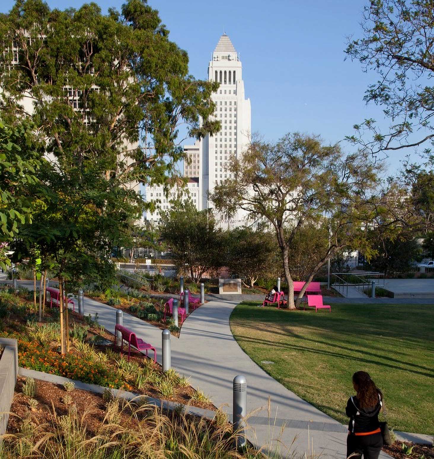 Grand Park pathways and the view of City Hall