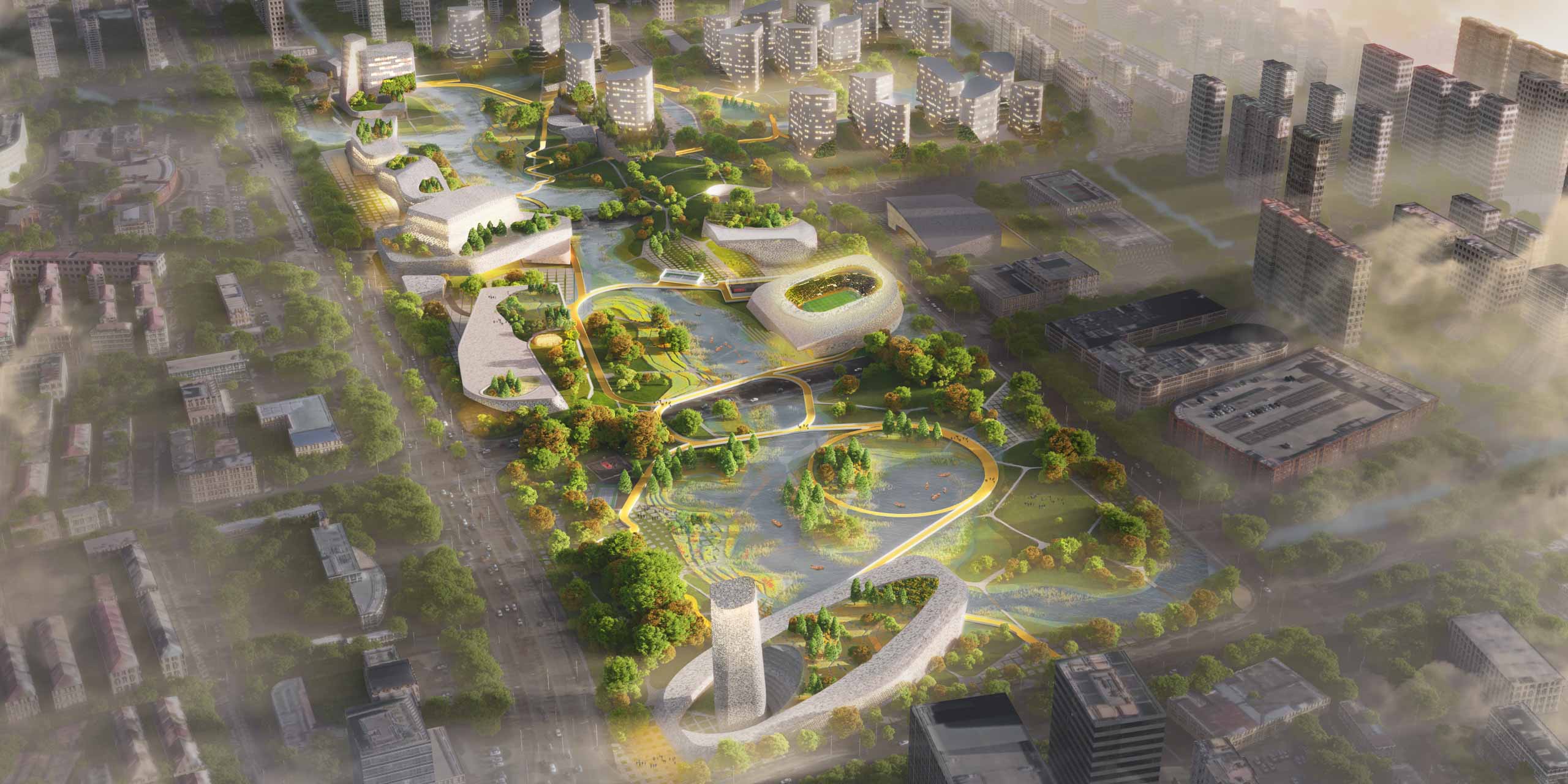 aerial rendering of the vibrant landscape at People's Square