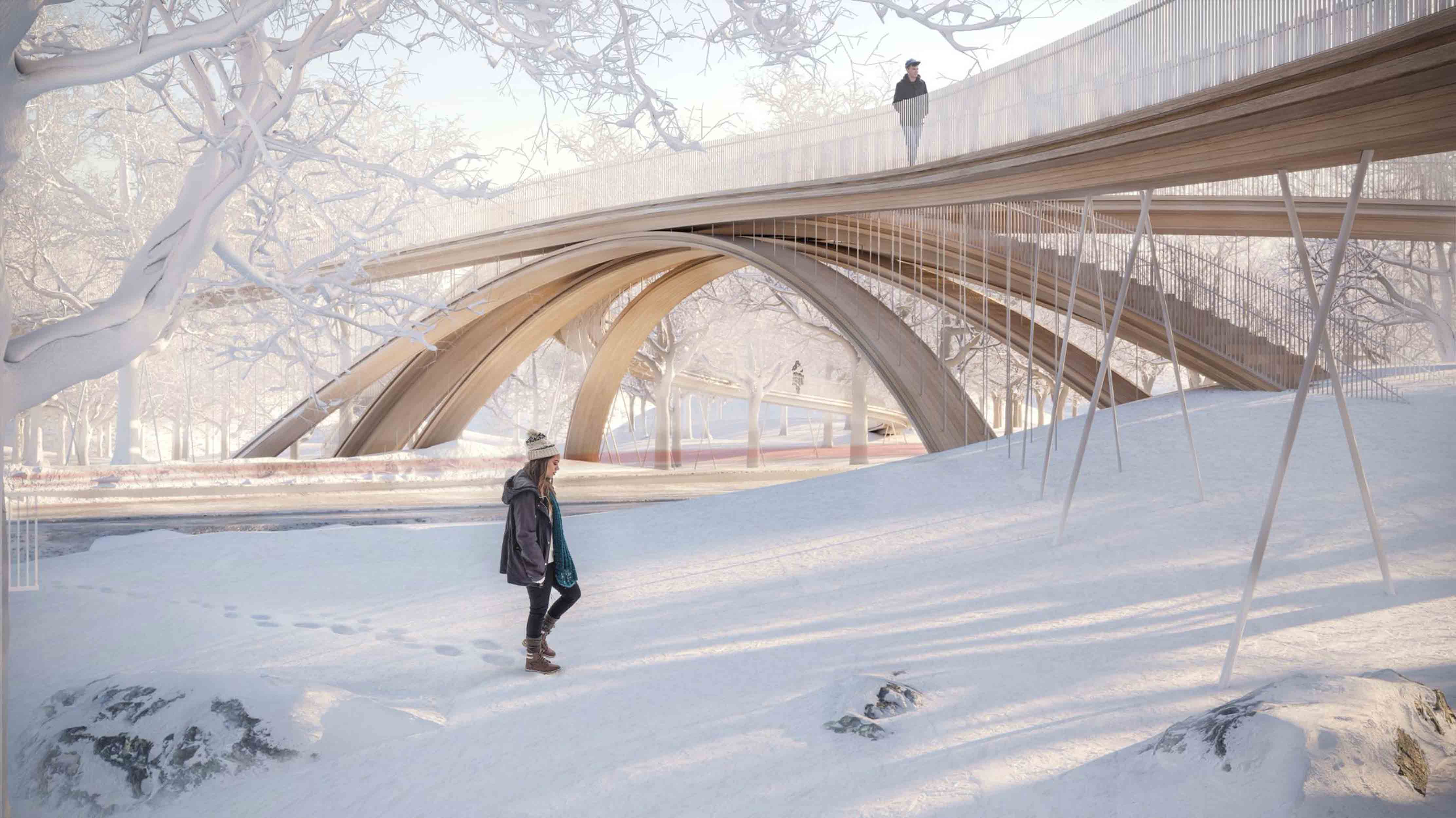 Bridge in the winter showing the elegant timber structure traversing the road