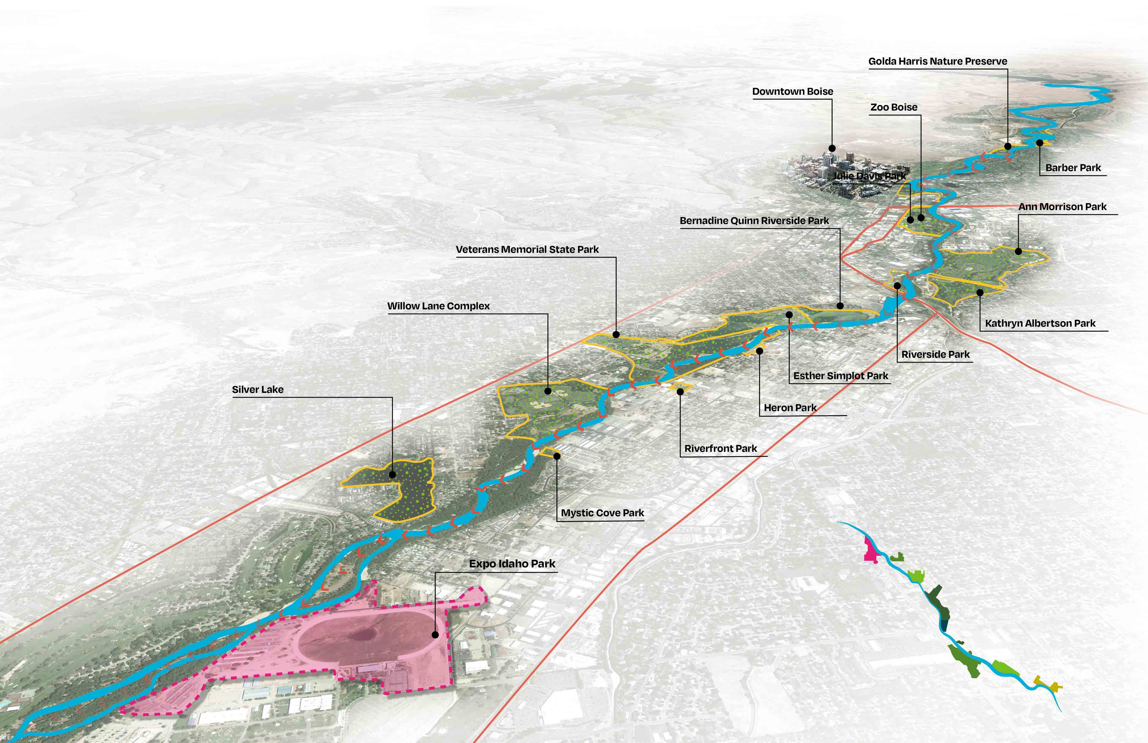 Expo Idaho Park aerial diagram showing the context of the park to the greater Boise area