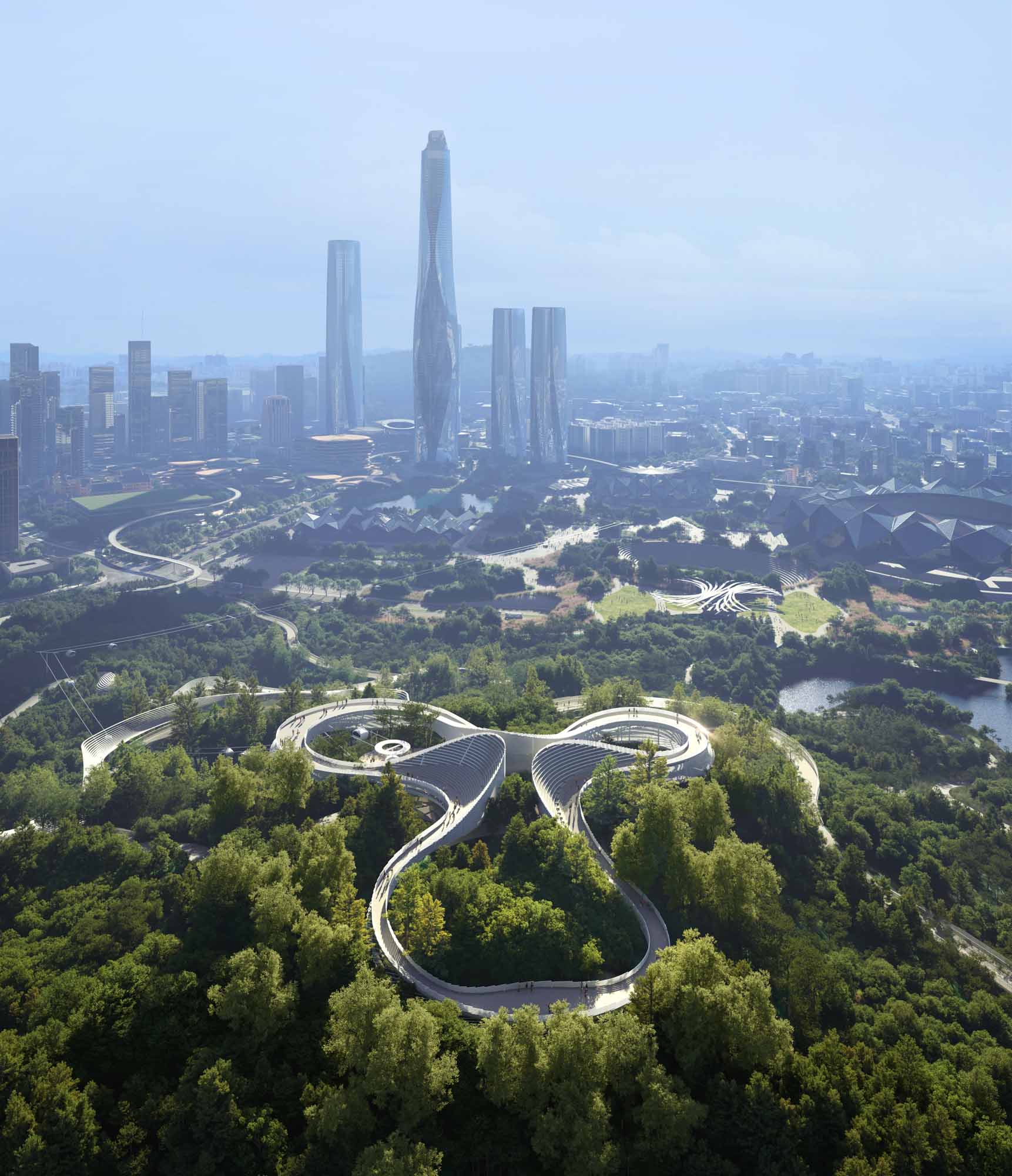 Aerial of Universiade i-Park with the city of Shenzhen in the background