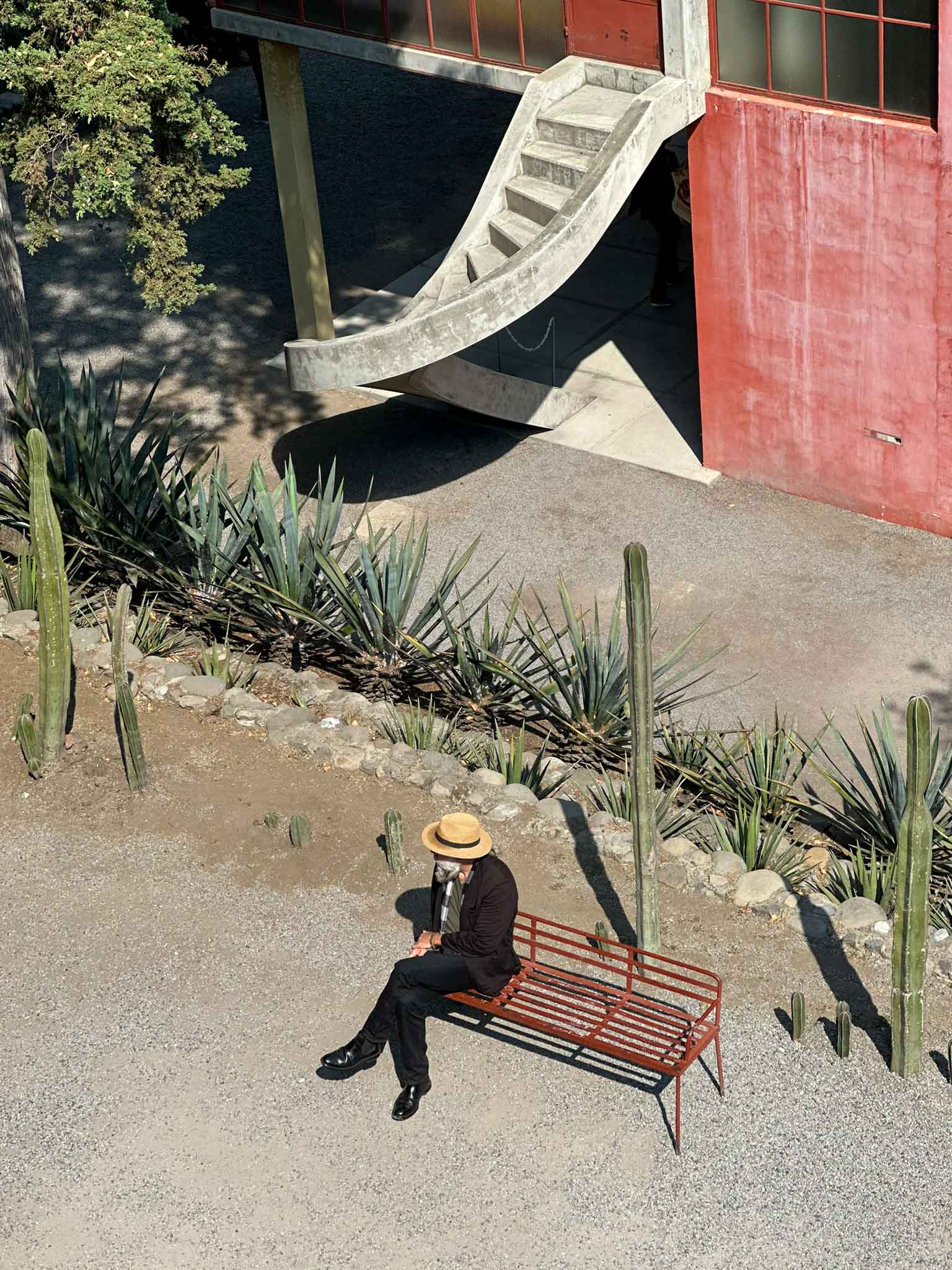 Person sitting on a bench outside of the Cecil O'Gorman House