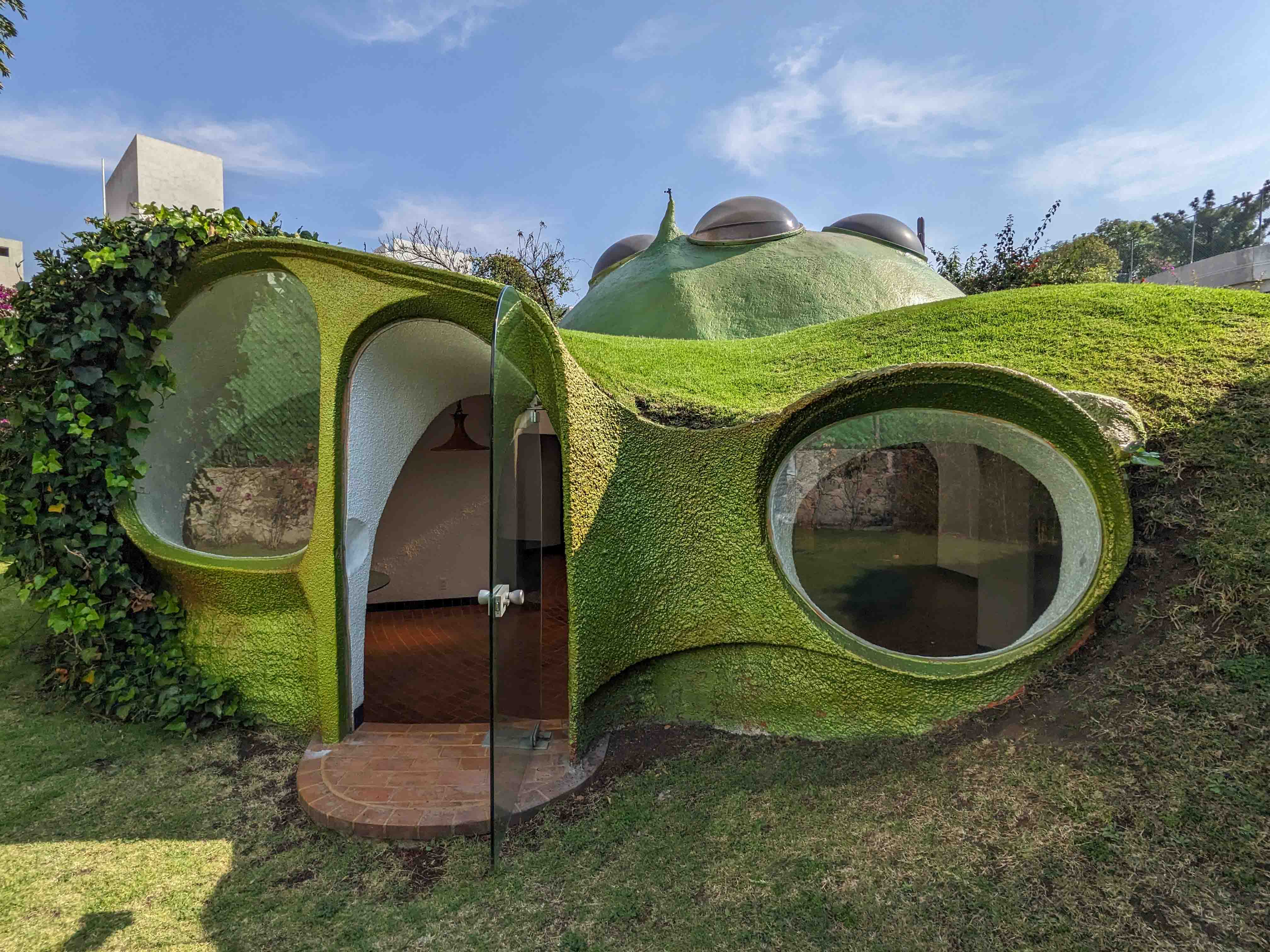 Exterior shot of a grass-covered residence in an organic architecture style