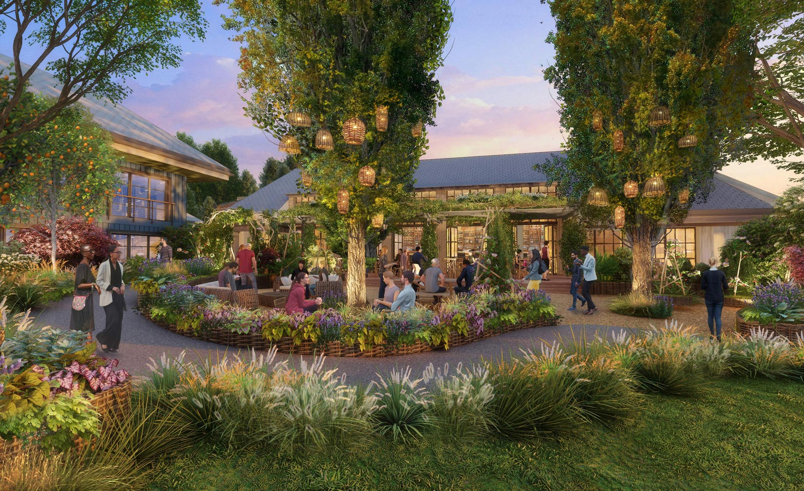 Exterior rendering of the Treehouse Hotel in Sunnyvale featuring a planting palette that incorporates milkweed
