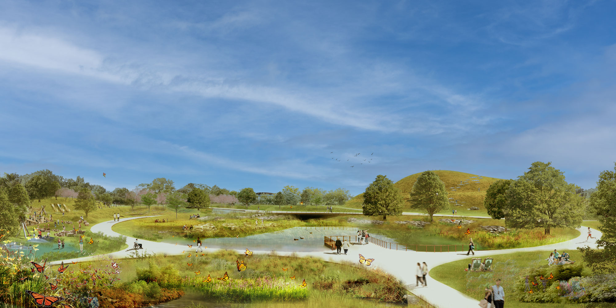 rendering of West Hendon Playing Fields filled with pollinators