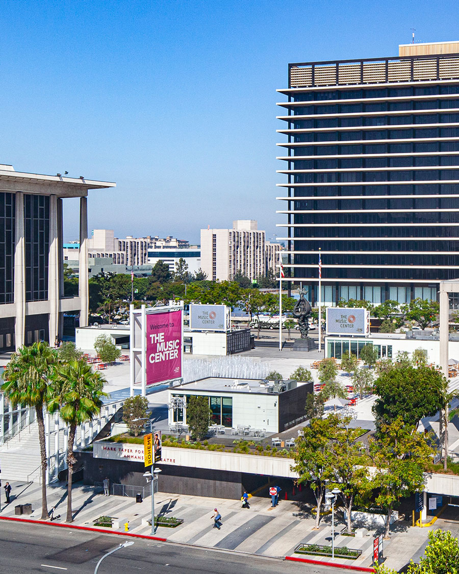 Aerial view of the Music Center Plaza