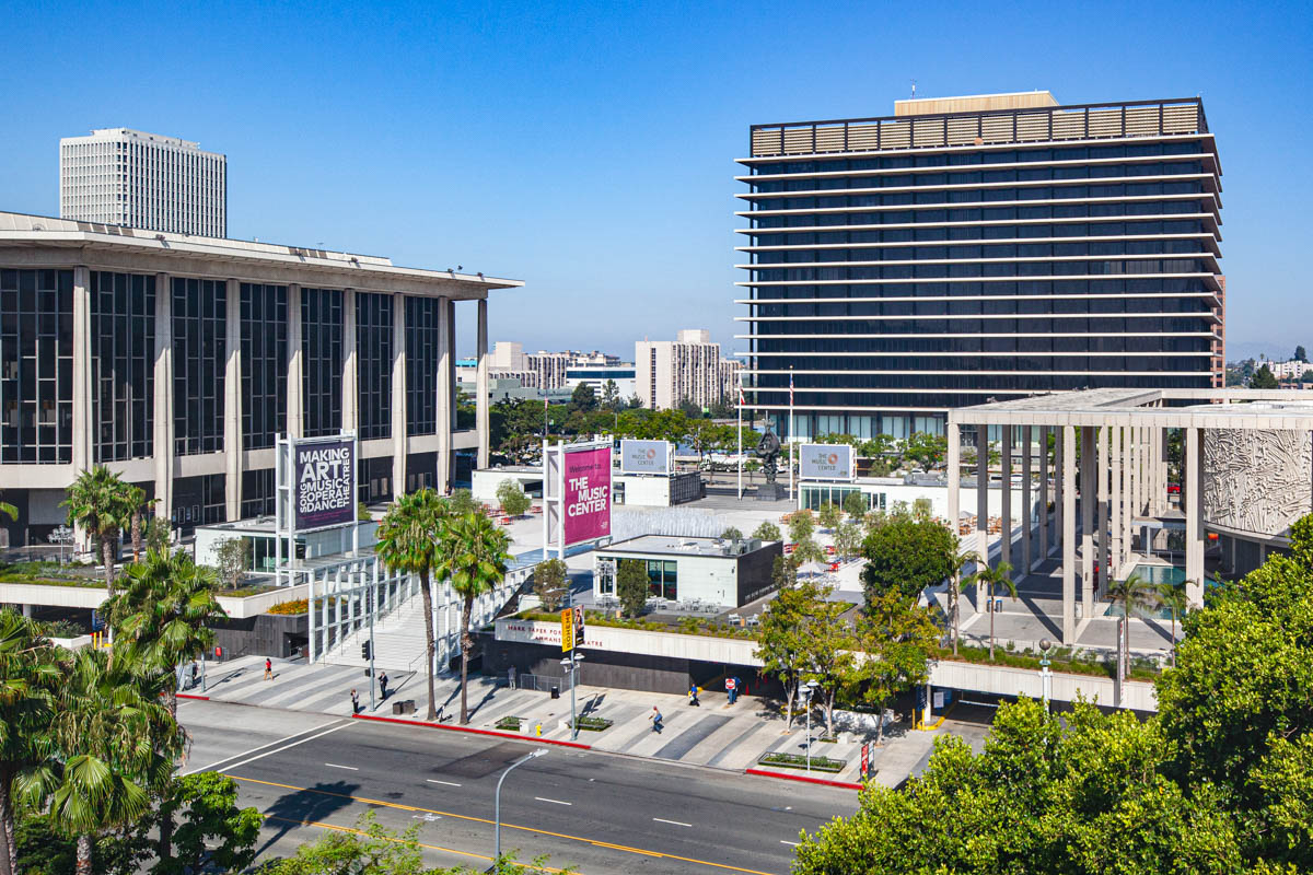 Aerial view of the Music Center Plaza in Los Angeles