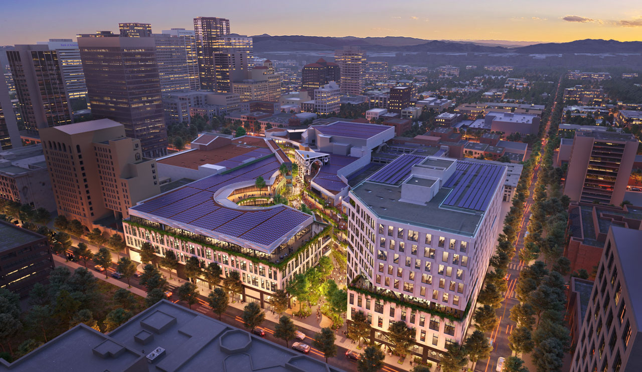 an aerial rendering of the buildings at Horton Plaza with the city of San Diego in the background