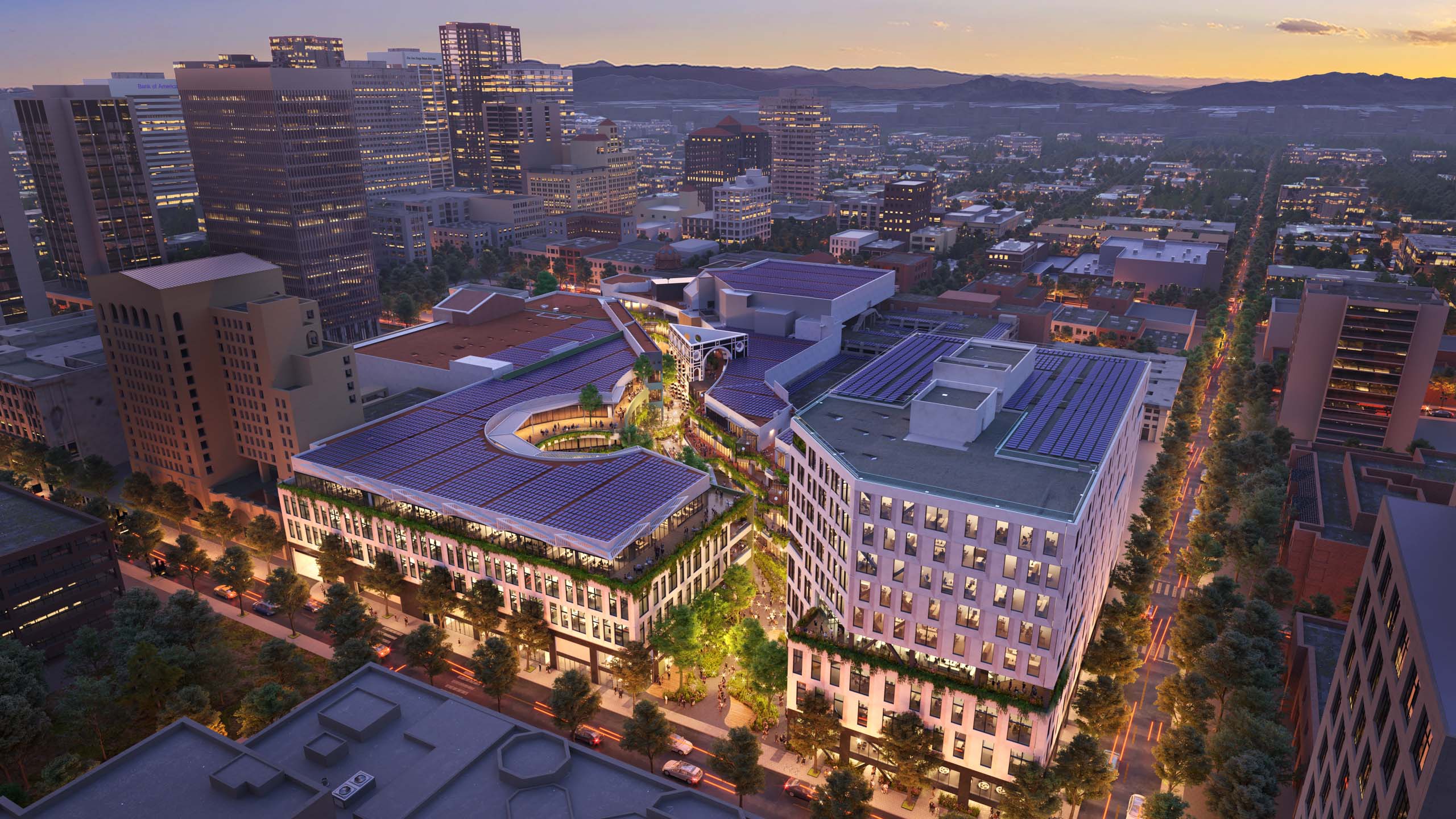 Aerial of the largest adaptive reuse project in the USA, Horton Plaza