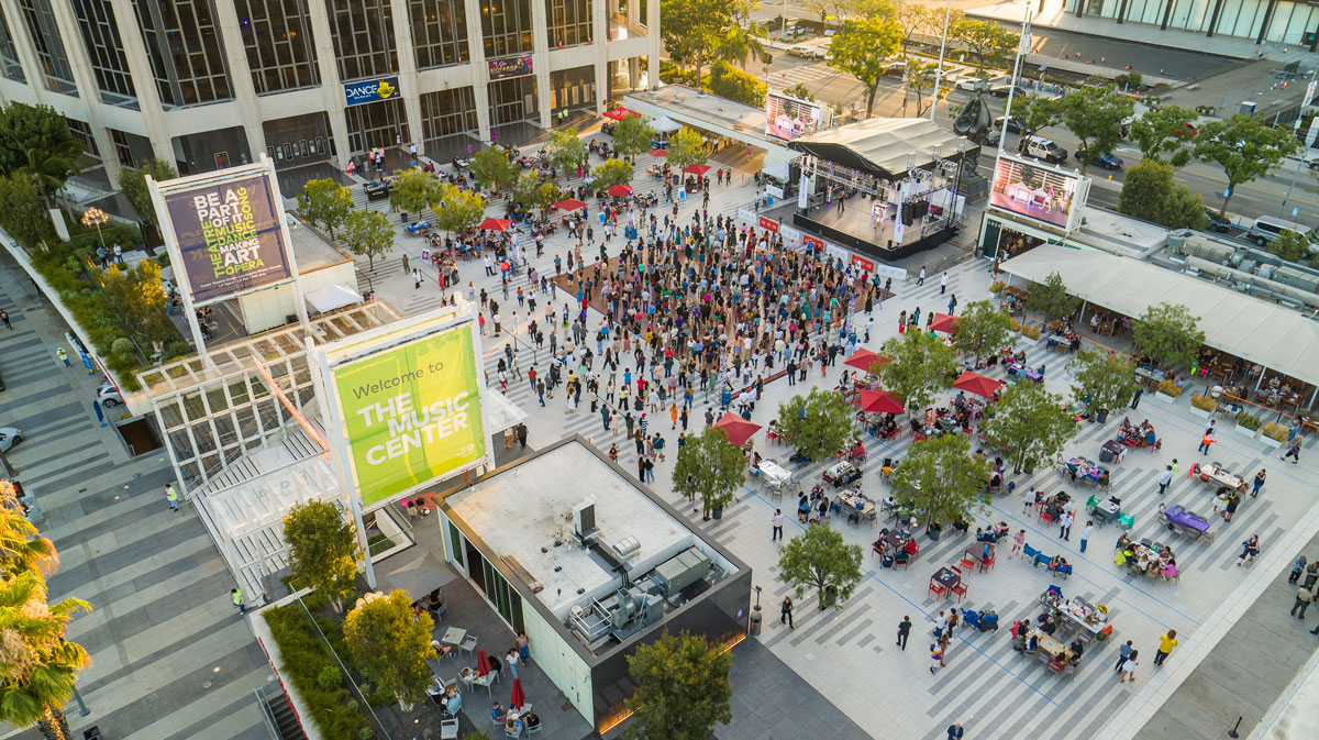 Aerial view of Jerry Moss Plaza at the Music Center