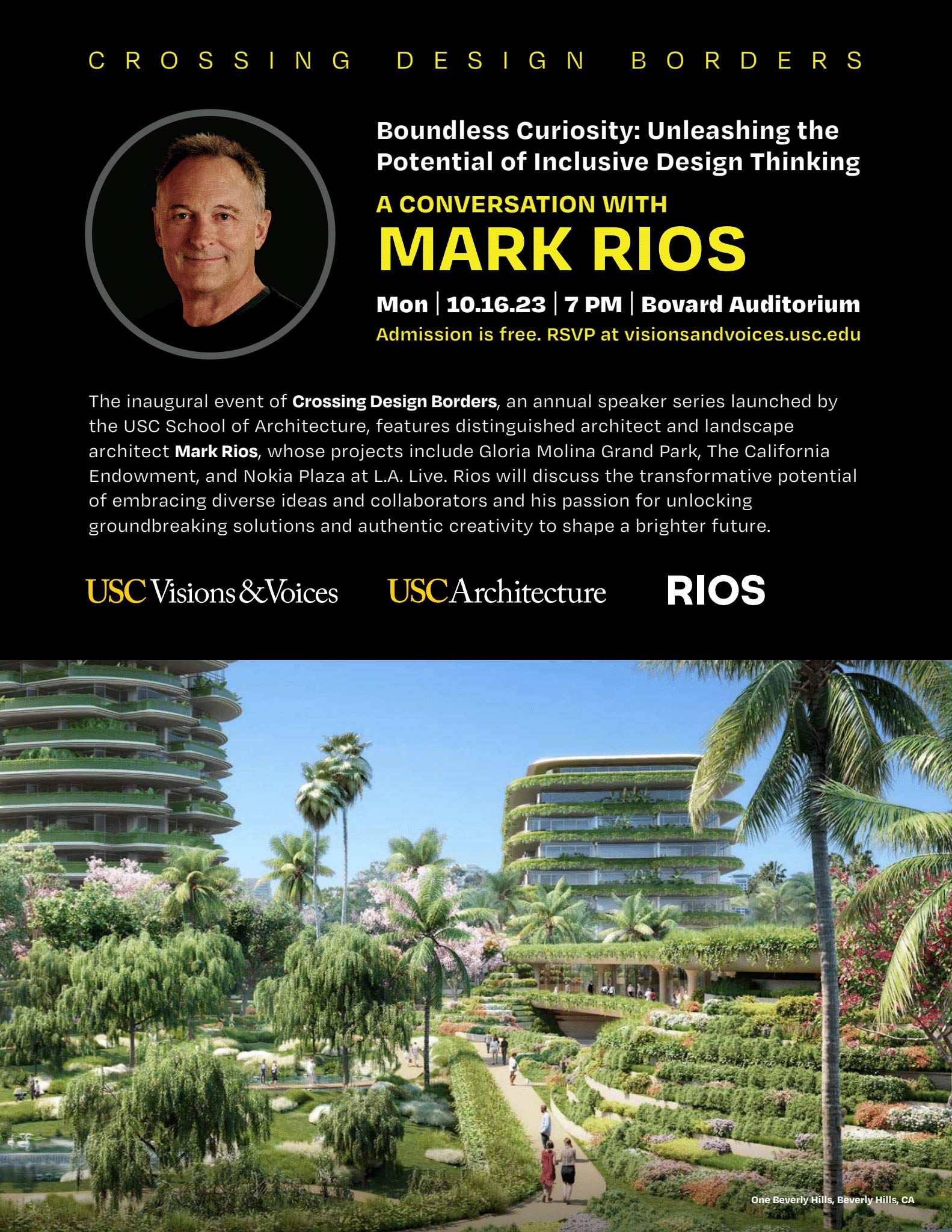 Event flyer promoting Mark Rios' speaking engagement with USC Vision & Voices at USC School of Architecture