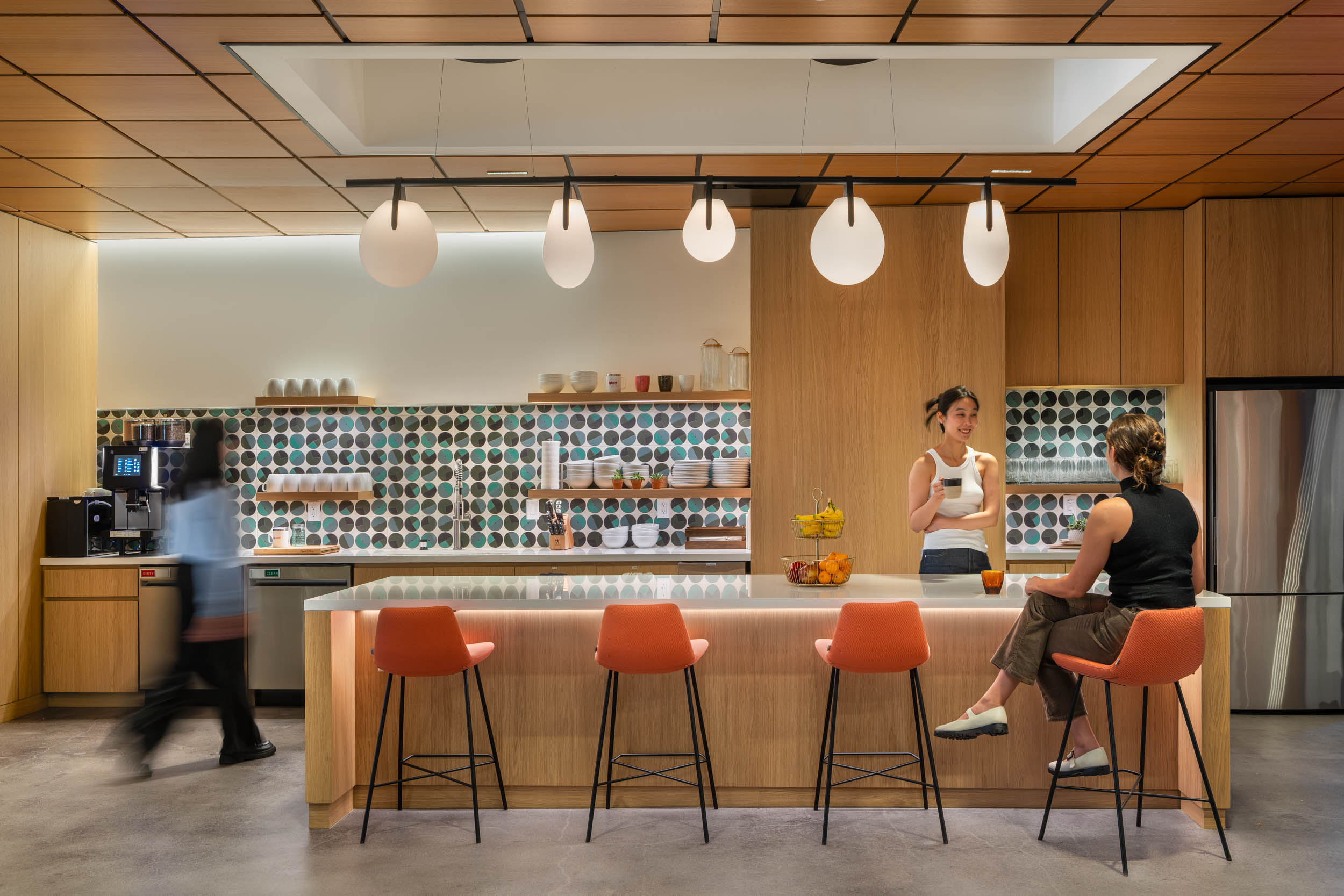 The kitchen at Sony Pictures Mid-Wilshire is designed for the kind of buzzy, informal exchange that happens between the work / content creation workplace