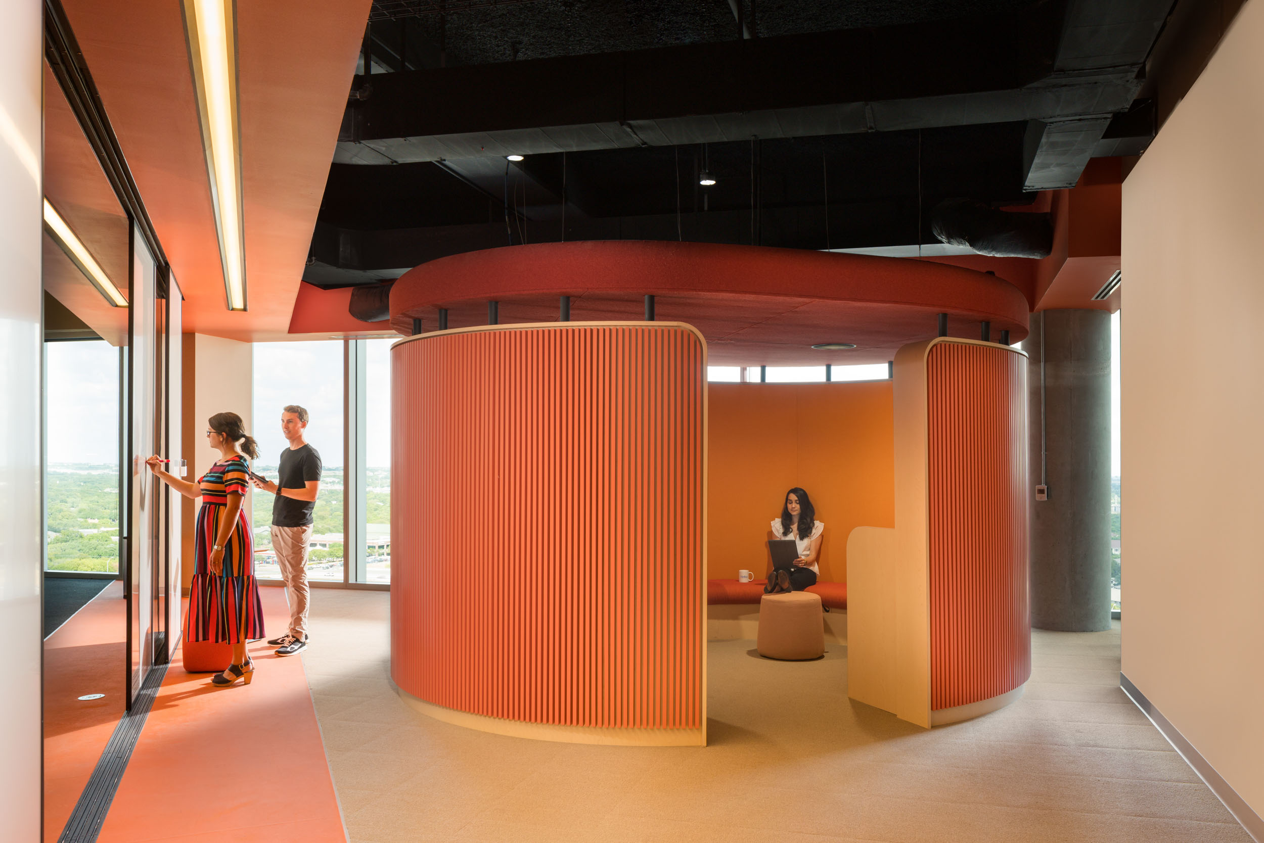 Focus pods and open areas at Vrbo Headquarters are shaped by behavioral research into how teams use the workplace / content creation workplace